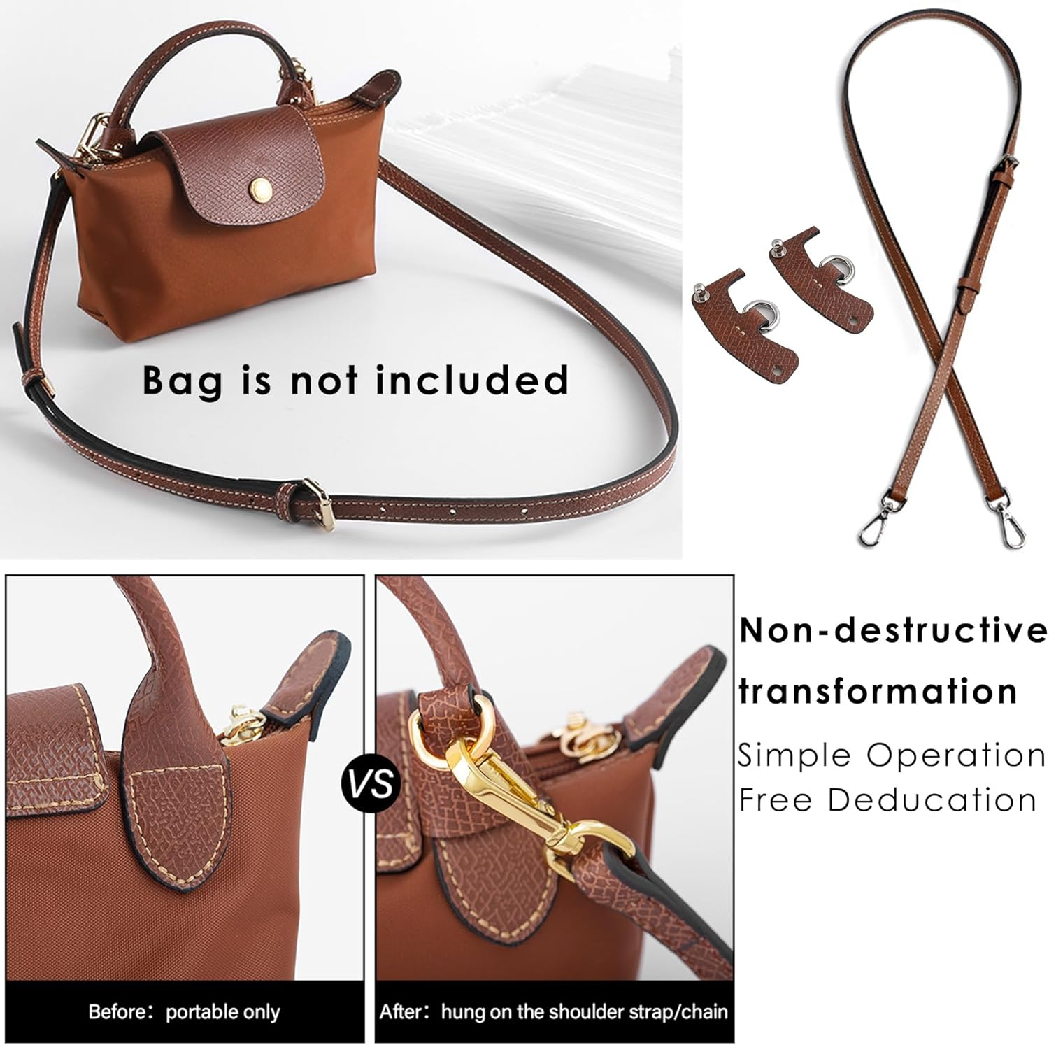 Le PLIAGE Replacement Crossbody Strap, Punch-Free Leather Shoulder Strap for Small Bag, Handbag, Clutch - Brown-Silver image number 6