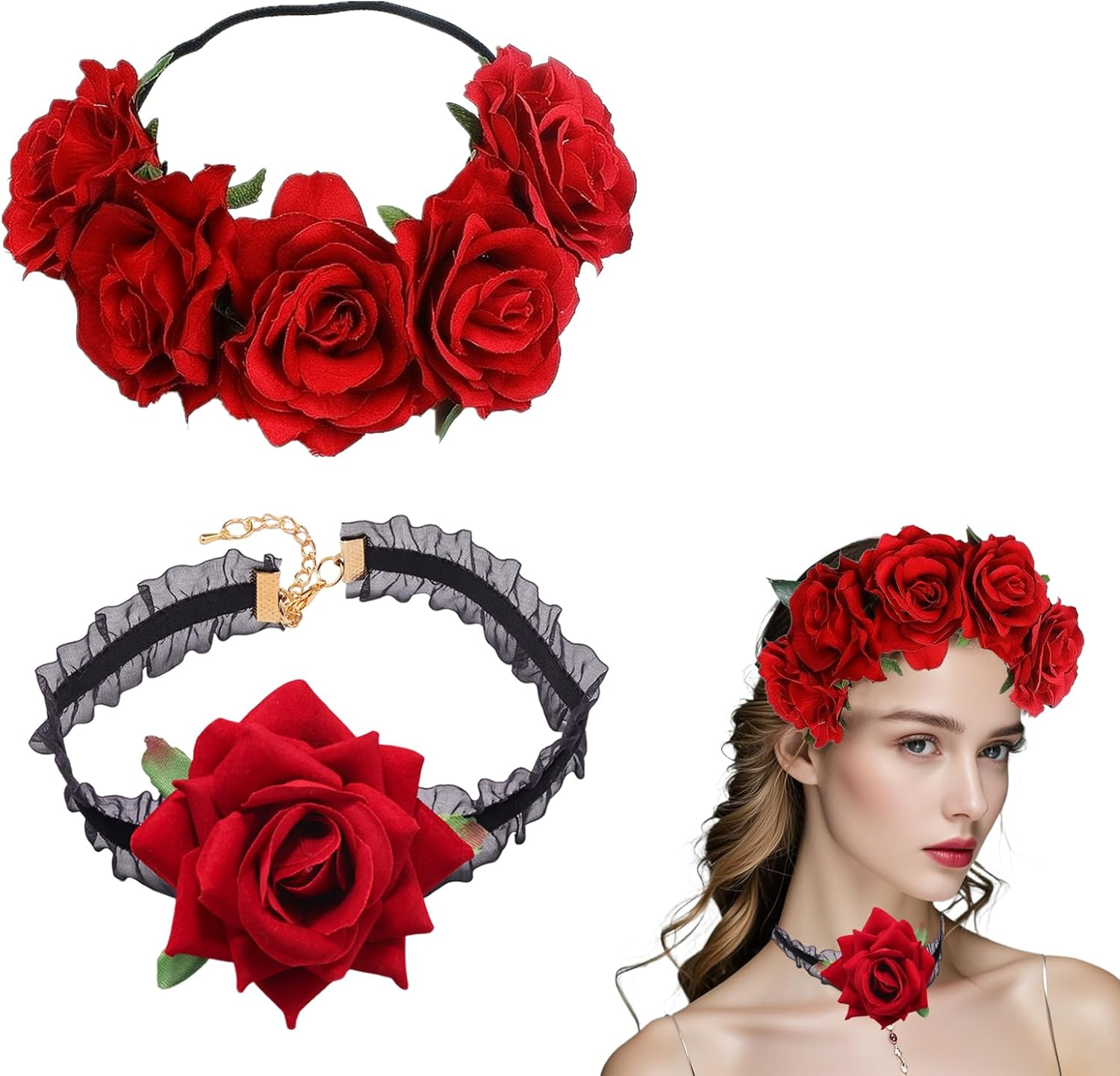 Halloween Floral Crown Stretch Headband - Boho Floral Hairband for Women and Girls - Rose Festival Headband Garland Headwear - Bridal Headbands Headdress - Day of the Dead Headwear image number 6