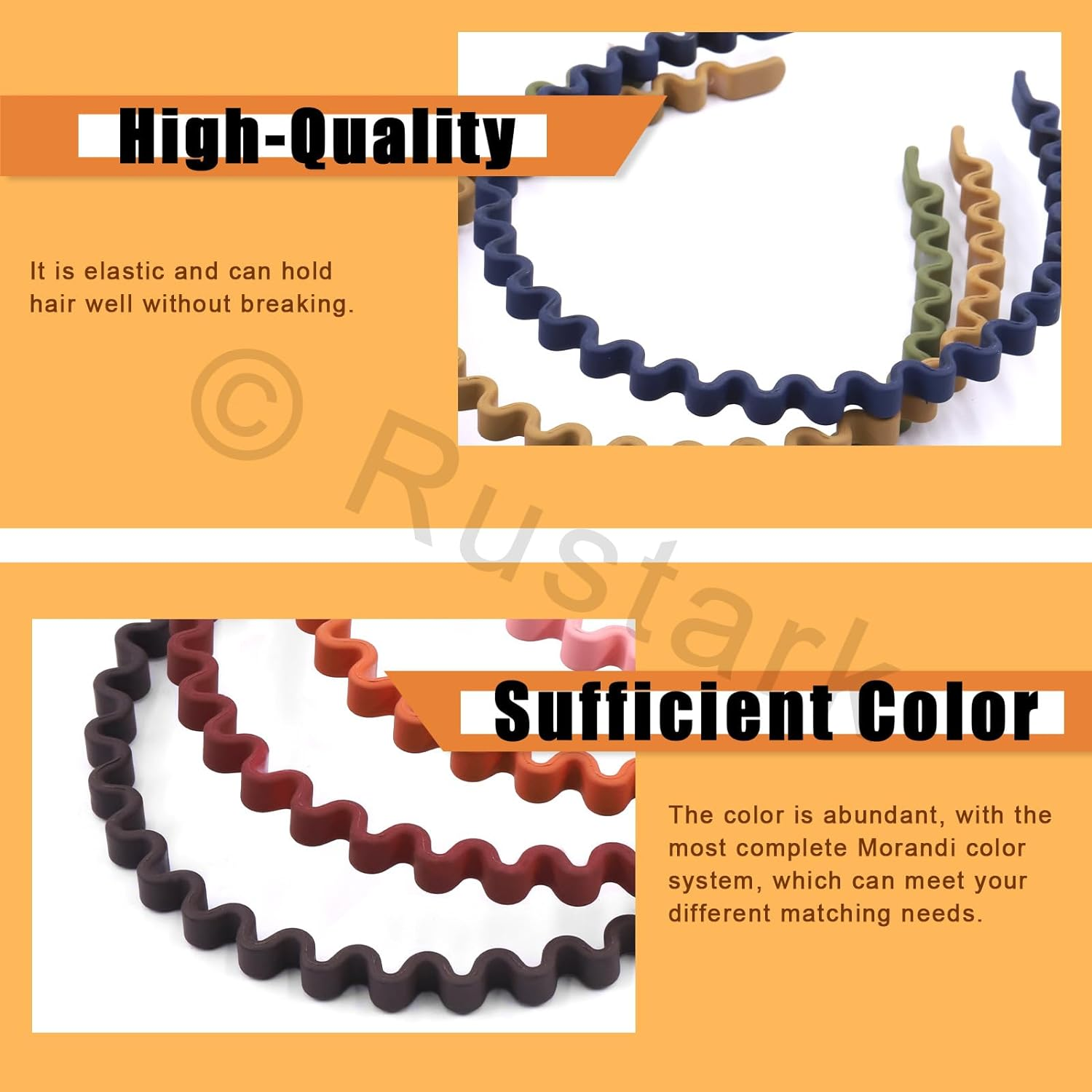 Rustark 12Pcs Colorful Plastic Wavy Hairbands Assortment Kit with 12Pcs Hair Ties, Spring Wavy Hair Hoop Skinny Plastic Headbands with Teeth Fashion Hairbands for Women Non Slip image number 5