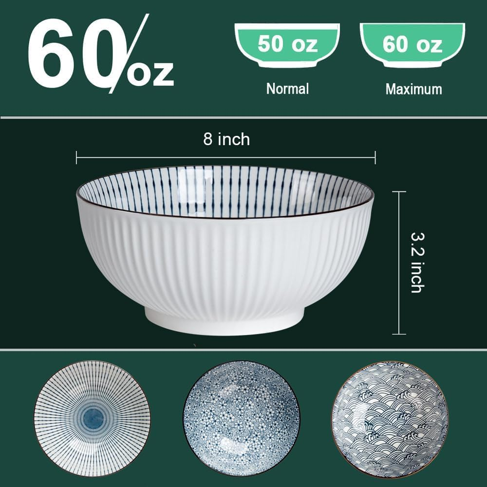 8 Inch Japanese Ramen Bowls Set of 3, 60 Oz Large Soup Bowl, Pho Bowls, Blue and White Porcelain Big Bowls for Eating, 3 Mixing Patterns image number 5