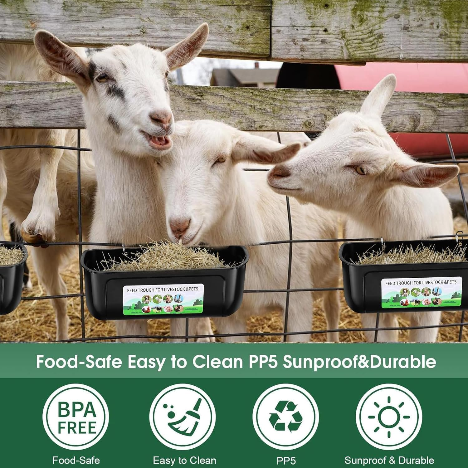 Lxcshljx 3Pcs Chicken Feeder Troughs, Goat Feed Trough, Hanging Fence Feed Trough with Clips Screws, Poultry Feeder Water Troughs, Versatile Feeding Container Supplies for Livestock Duck Sheep Goose image number 4