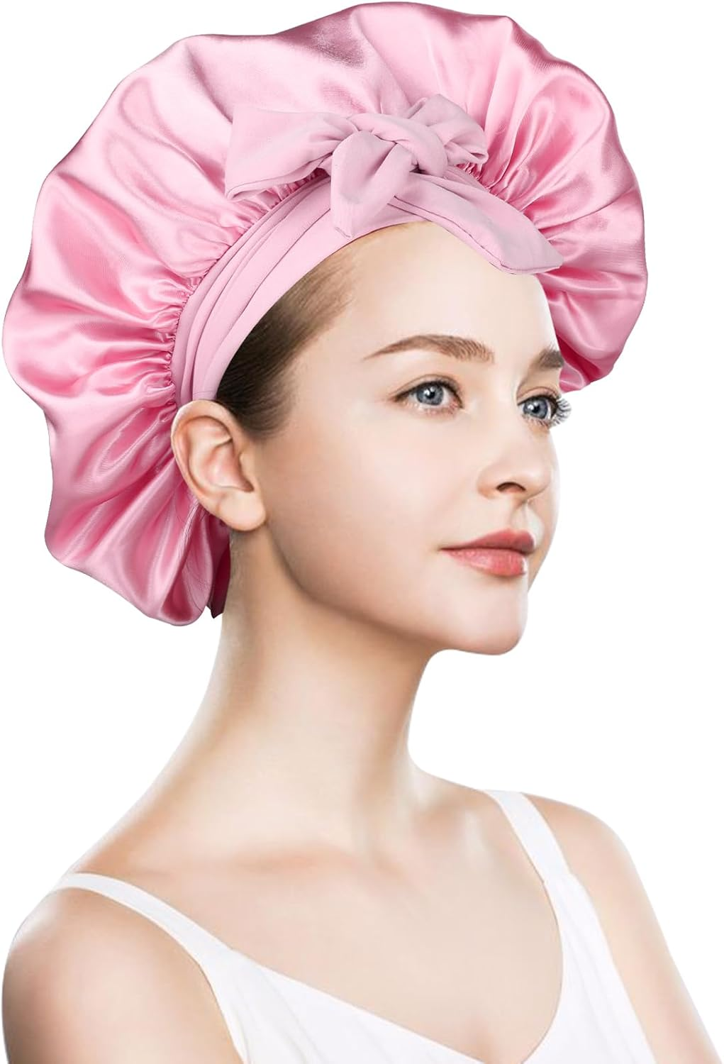 LIQWEI Pack of 2 Satin Hair Caps, Sleep Cap, Satin Adjustable Night Sleep Hat, Hair Cap for the Night, Soft Head Cap, Sleep Cap with Elastic Band for Women and Girls (Black Pink) image number 3