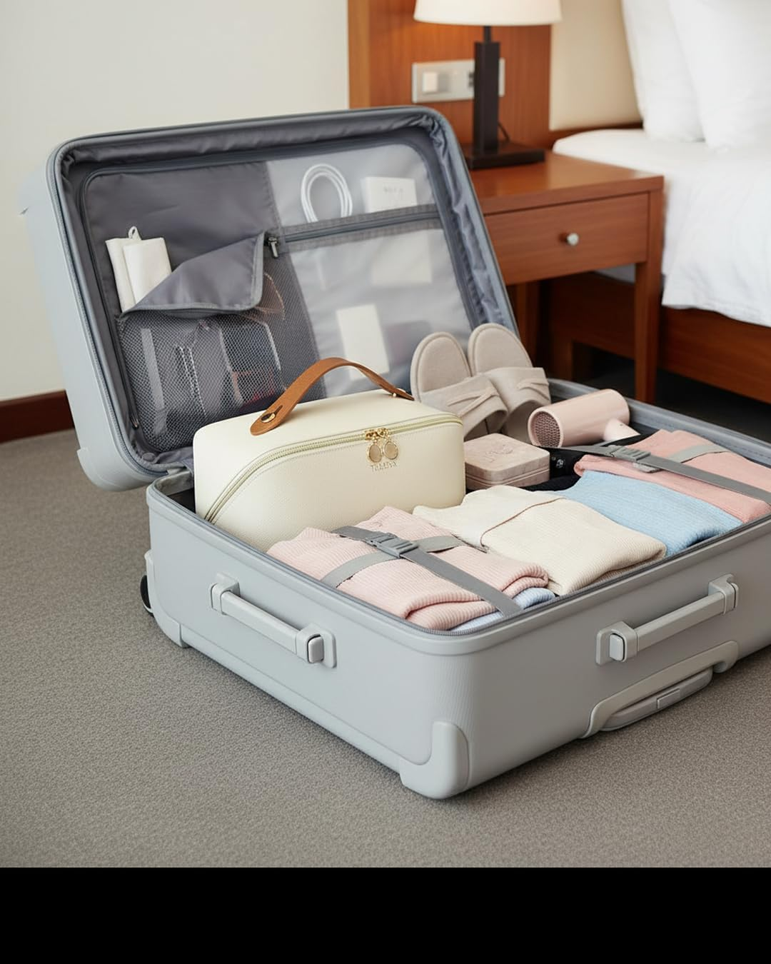 Telena Leather Make up Bag Portable Travel Makeup Bag Waterproof Cosmetic Bags for Women Large Capacity with Handle and Divider Open Flat, 0-Beige with Brown, Stylish - 0-Beige With Brown image number 3