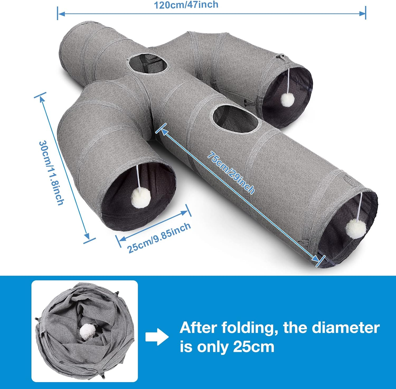 Ownpets Cat Tunnel Sturdy Oxford Fabric Cat Tunnel Toy, Cactus Shape Collapsible Cat Tunnels for Indoor Cats,Interactive Peek Hole Pet Tunnel Tube with Cat Wand Toy (Grey) image number 1