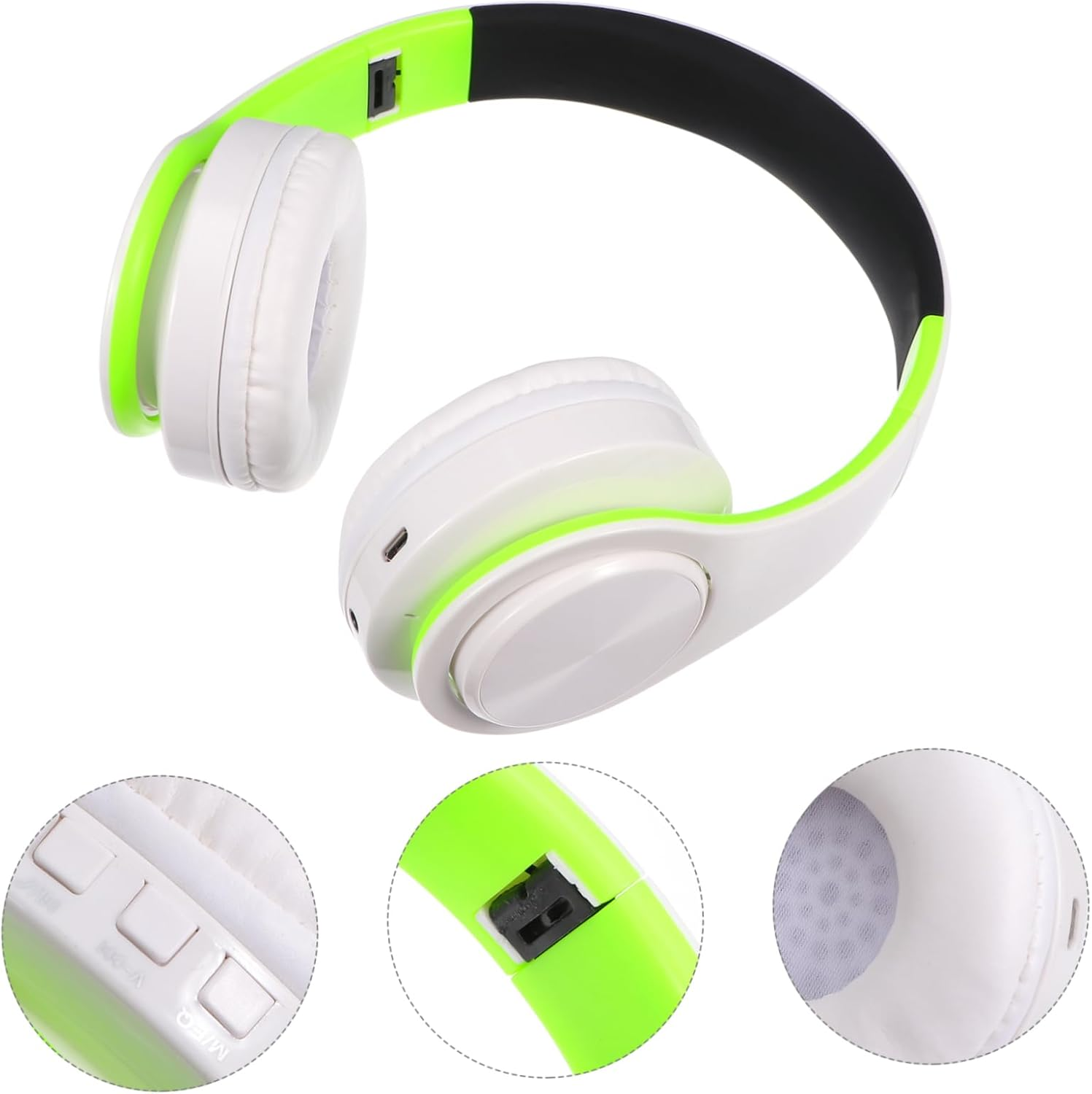 TINEASUR Wireless Foldable Over-Ear Headphones with Wireless Connectivity and Noise Cancelling for Sports and Travel, Adjustable Wireless Headset Compatible with Cellphone and Pc, Green White image number 2