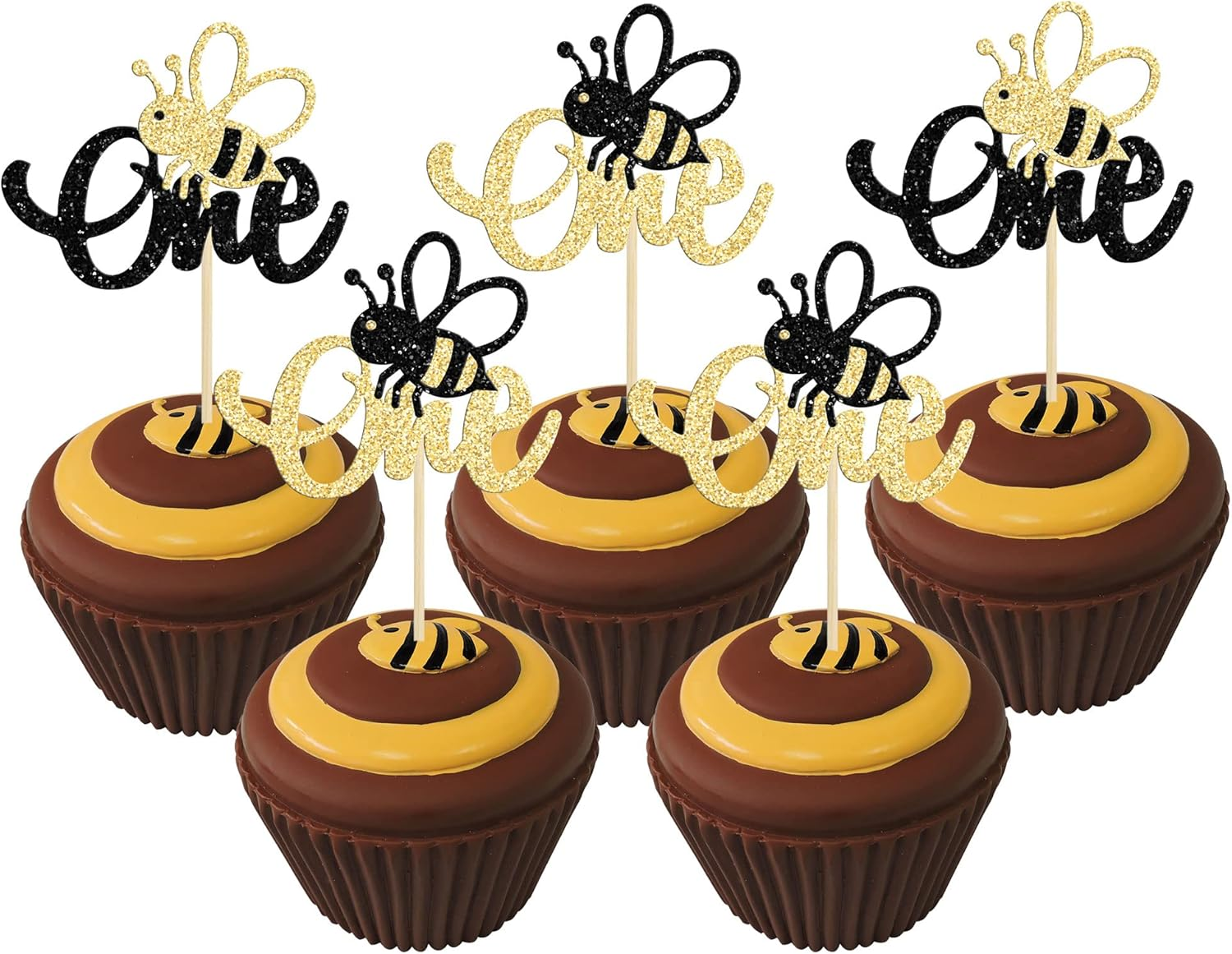 24Pcs Bumble Bee One Cupcake Toppers Glitter 1St Birthday Party Cupcake Picks Decorations for Bee Theme Baby Shower Kids First Birthday Party Supplies image number 2