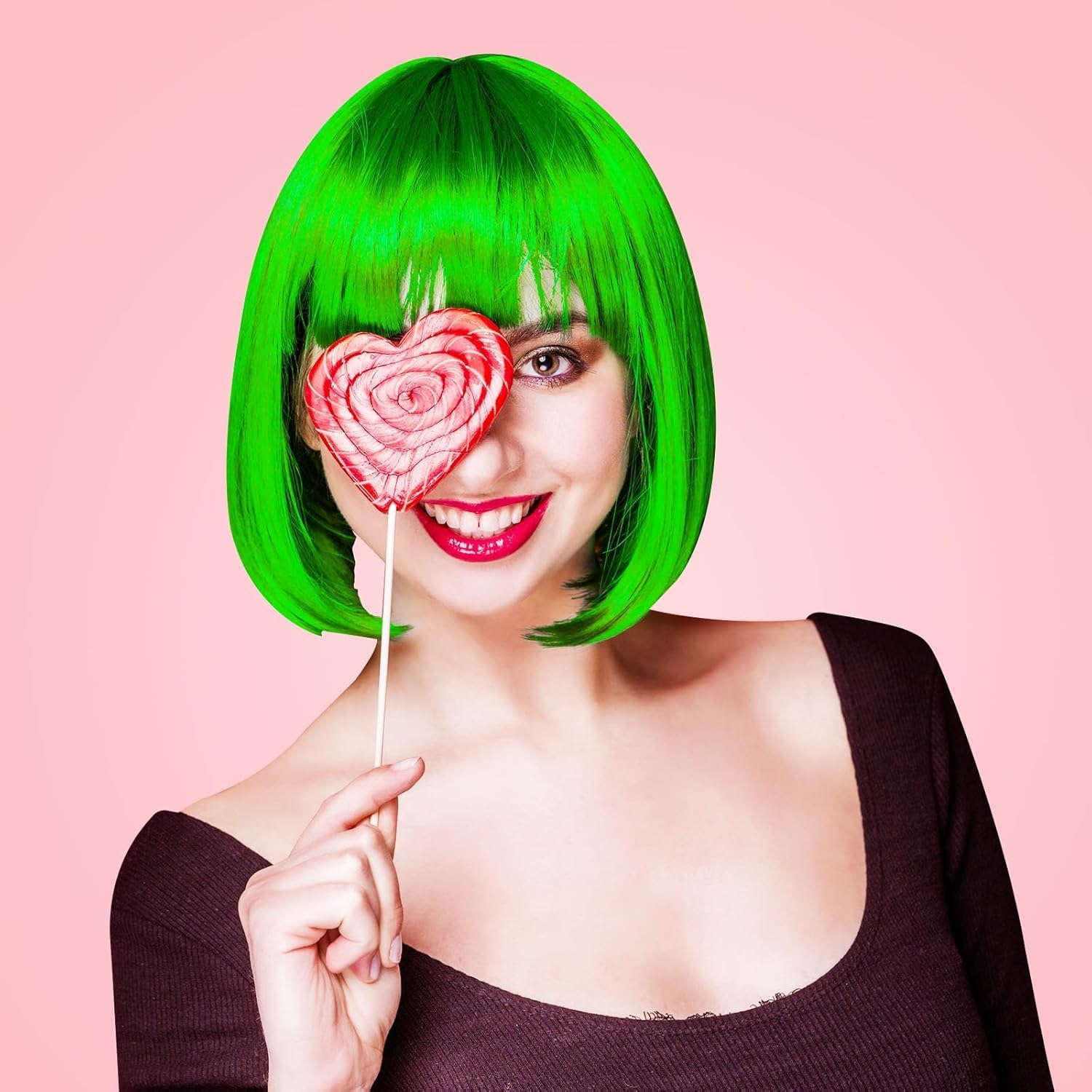 Green Bob Wig, Green Wigs for Women with Double Heart Sunglasses and W-Ig Net Bag,Colourful Wig Perfect for Cosplay, Party, Hall-Oween,Fashionable and Comfortable image number 3