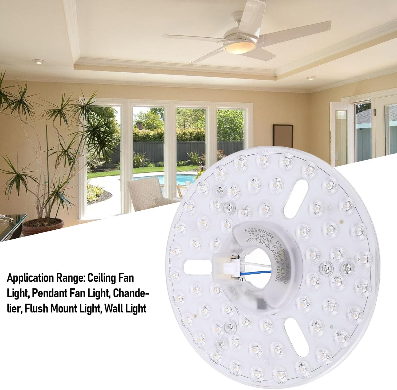 6.3 Inch LED Retrofit Light Kit for Ceiling Fan Light Replacement Panel, 3000K 4000K 6000K Color Temperature Adjustable, 24W Dimmable, Magnetic Moun image number 2