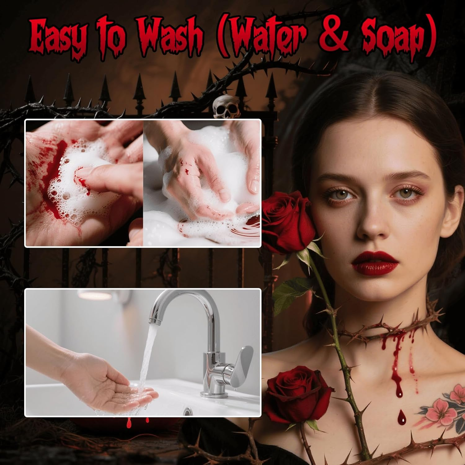 3Pcs Vampire Blood Fake Blood Kit - Coagulated Gel, Spray & Dripping Liquid for Realistic Vampire Zombie SFX Makeup, Skin-Safe Washable Special Effects Blood for Halloween Cosplay Costume Party image number 3