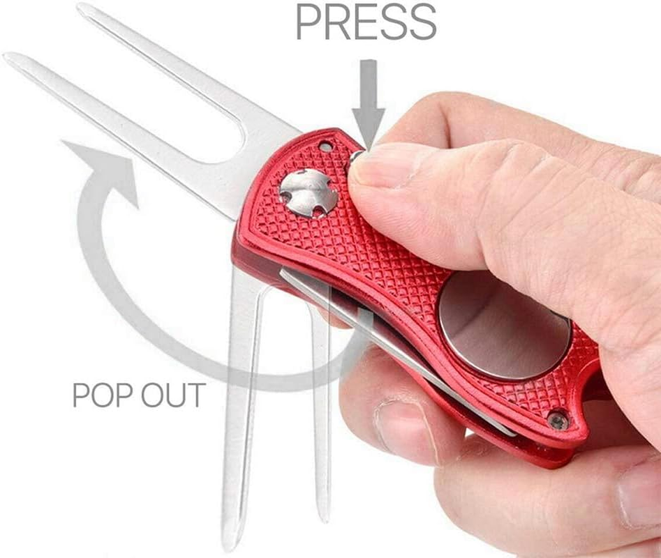 Metal Foldable Golf Divot Repair Tool with Pop-Up Button & Magnetic Ball Marker Red image number 4
