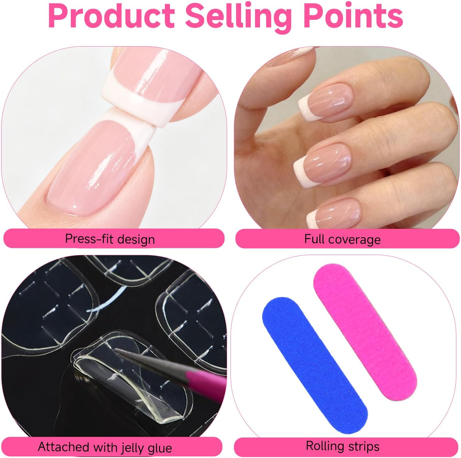 Teccfly 48 Pcs Acrylic French False Nails, Short Press on Nails French Tip - Nude Fake Nails with Jelly Adhesive Tabs, Easy DIY Stick on Nail Art for Women​ Girls,Ideal Choice for Christmas Parties image number 1