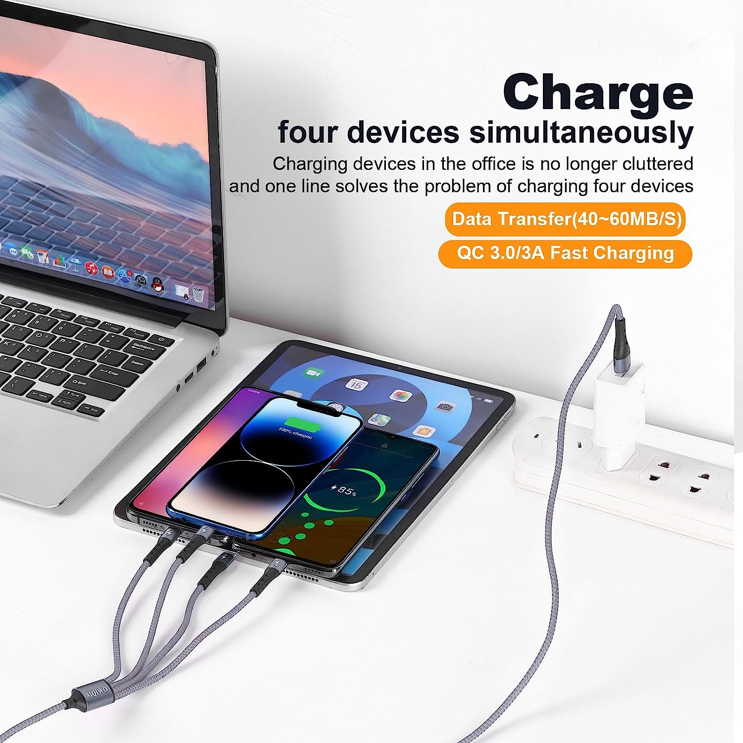 SIQIWO Multi USB C Cable Fast Charging, [1.2M/QC 3.0/3A] USB C Splitter Cable, 4 in 1 Charger Cord with 4 Type C Ports, for Iphone 17/16/15 Series, Ipad Air/Pro, Samsung Galaxy S25, Pixel, Sony, PS5 image number 3