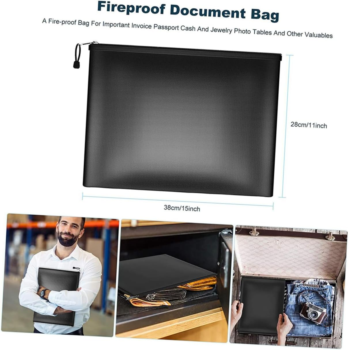 Gadpiparty Fireproof Document Bag Waterproof Money Bags with Zipper 29X20.5Cm Fire-Resistant Document Holder for Office and Home Safe Storage of Cash, Contracts, and Valuables image number 6