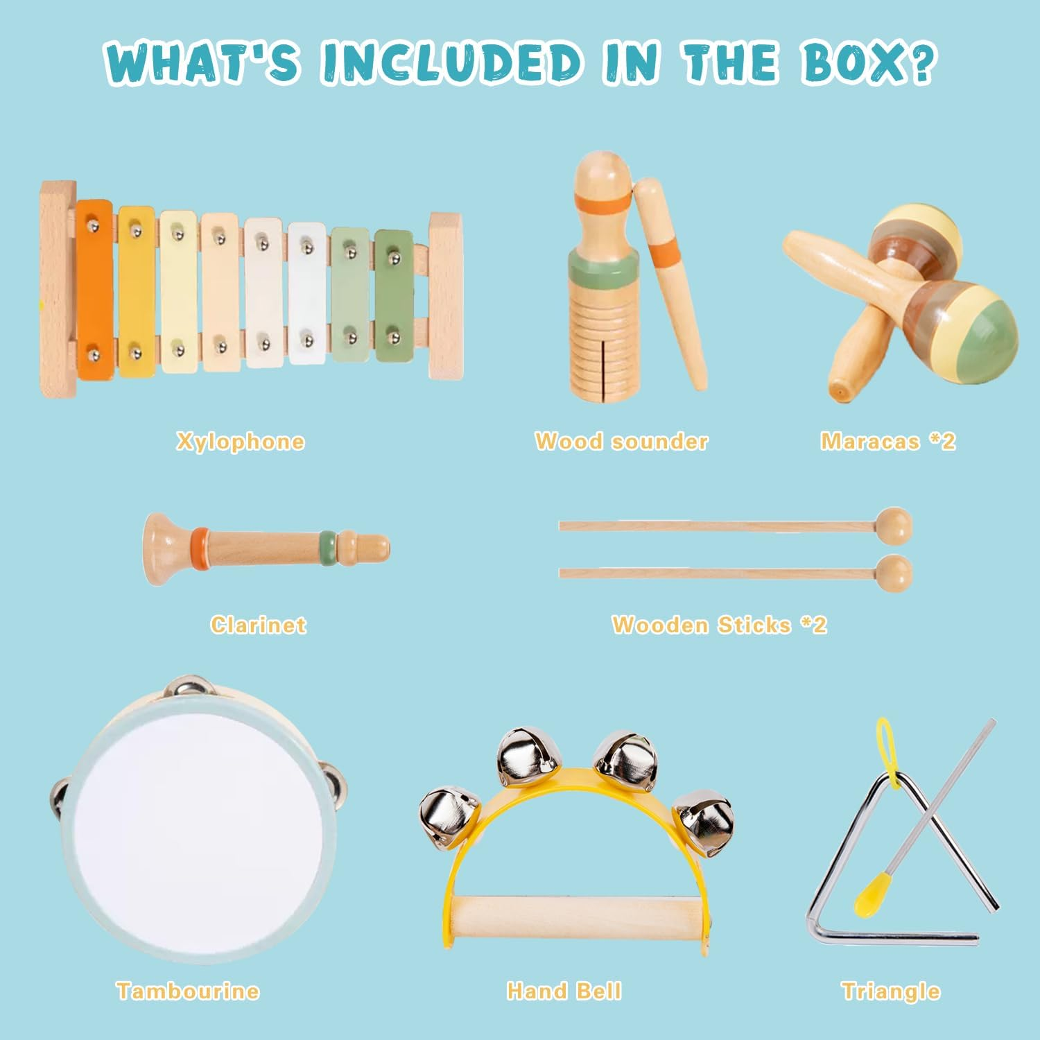 7 in 1 Musical Instruments Set for Toddler, Wooden Montessori Toys Best Birthday Gifts for Boys and Girls, Preschool Educational Musical Toys for 1 2 3 Year Old image number 1