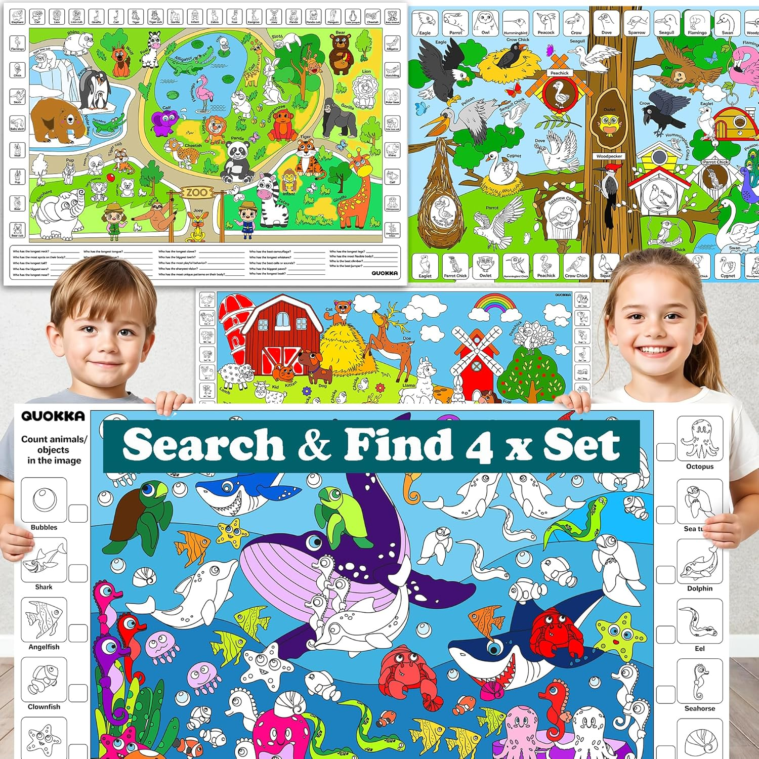 QUOKKA Giant Coloring Posters for Kids &ndash; 4-Pack 2X3 Ft Large Coloring Sheets with Educational Tasks &ndash; Floor & Wall Activities for Markers, Crayons, Paints &ndash; Classroom & Party Supplies for Ages 3-5 image number 4