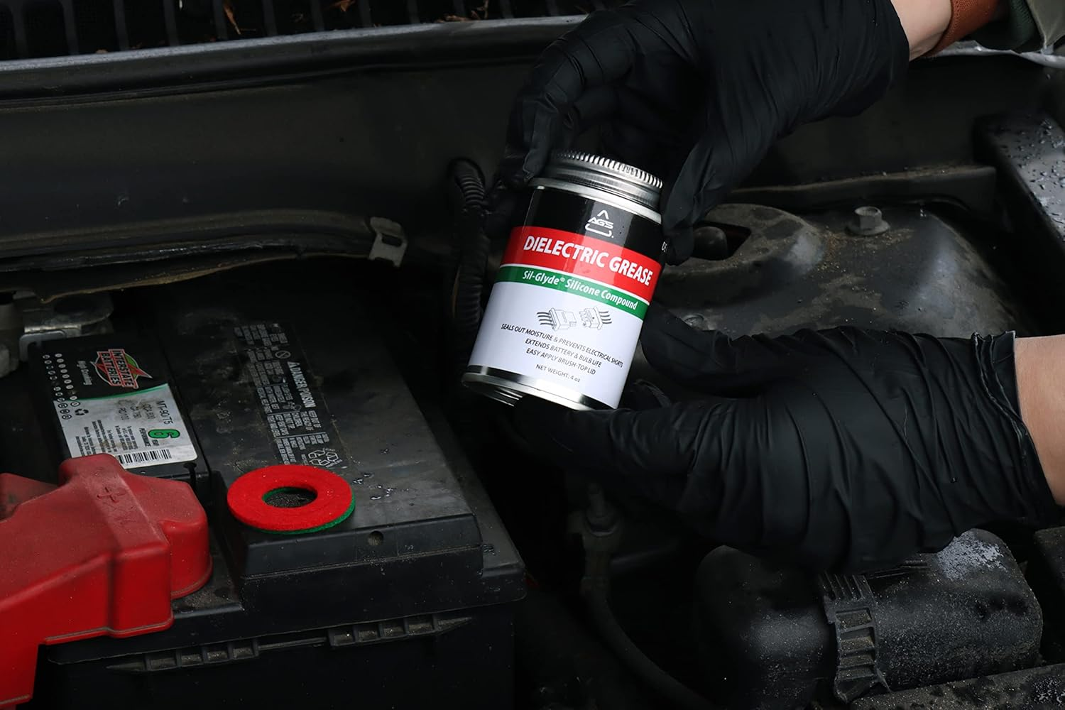 AGS Automotive Solutions Dielectric Silicone Grease Compound for All Electrical Components & Connectors - 4 Oz Brush Top Can