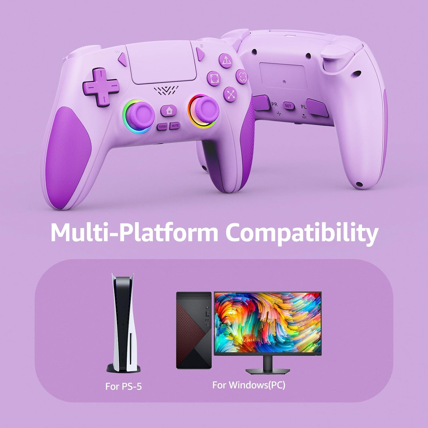 IWGAME Wireless Controller for PS-5/PC, Cool RGB Light Controller with 2 Back Buttons Support Programmable/Reamp/Turbo Functions, Hall Effect Joysticks & Triggers Gamapad(Purple) image number 2