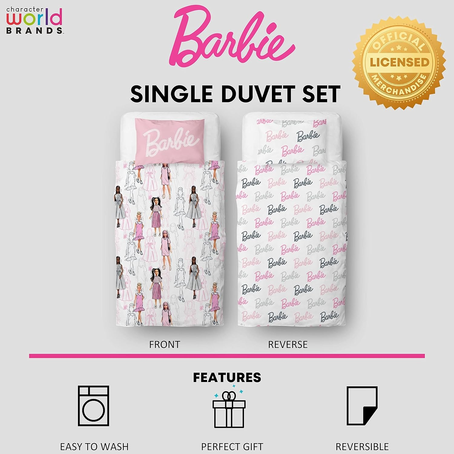 Character World Barbie Official Single Childs Duvet Cover Set | Figures Design Reversible 2 Sided Bedding Including Matching Pillow Case Brands Polyester Single Quilt Cover, Pink (BARFGSDS002UK1)