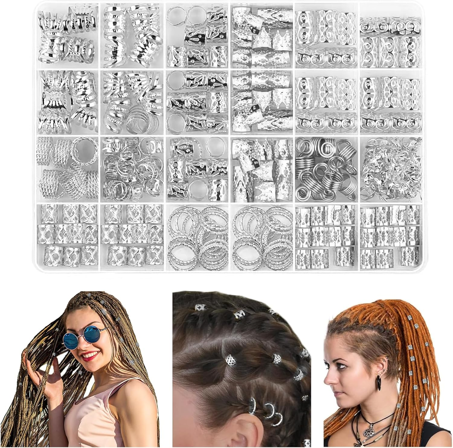 LMXMGRG 290Pcs Silver Jewelry for Braids,Loc Jewelry for Hair Dreadlock,Dreadlocks and Beards Metal Braid Clips Metal Gold Braids Rings Cuffs Clips for Dreadlock Accessories Hair Braids Jewelry Decorations