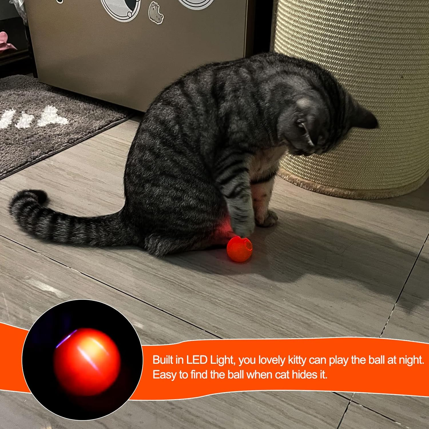 Interactive Cat Ball Toys, Intelligent Motion Activated Automatic Rolling Bouncing Ball Toys for Kitten, USB Rechargeable Present for Cats with LED Lights (Orange) image number 5