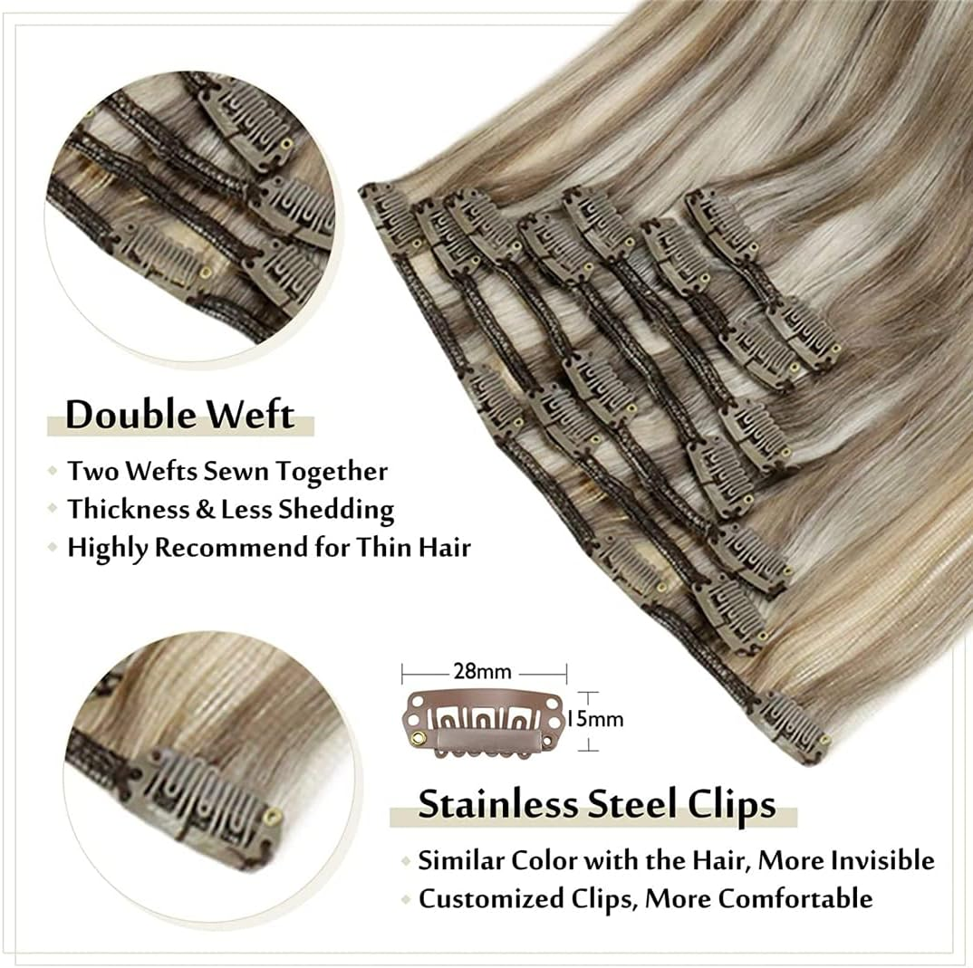 Clip on Human Hair Extensions Piano Hightlight Color Hairpins 7Pcs 100G Double Weft 100% Machine Remy Natural Hair 4 24 4 22Inches 100G image number 4