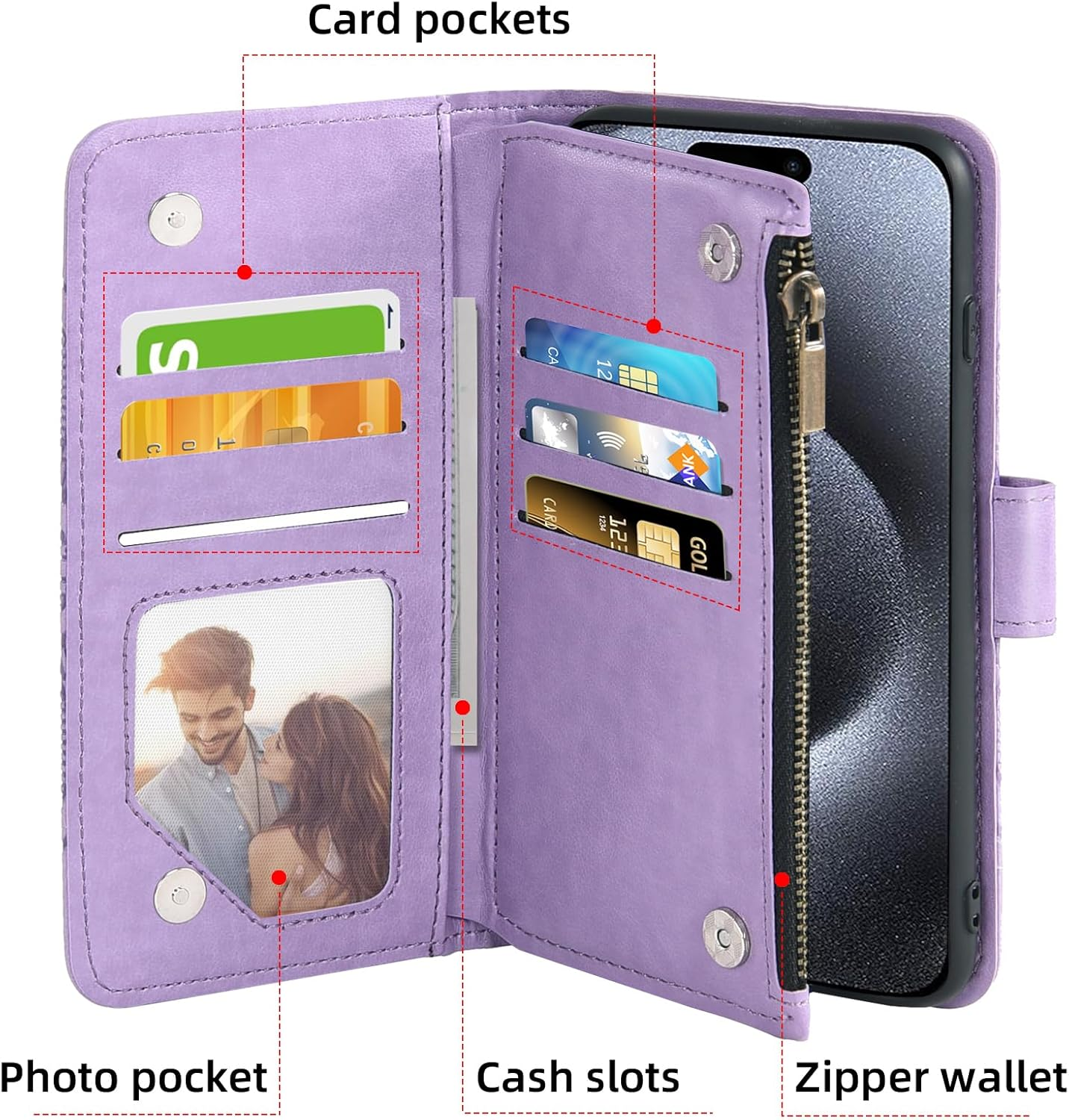 Asuwish Compatible with Iphone 15 Pro 6.1 Inch Wallet Case and Tempered Glass Screen Protector Flip Credit Card Holder Cell Phone Cover for Iphone15Pro 5G I I-Phone I15 Iphone15 15Pro Women Men Purple - Purple image number 6