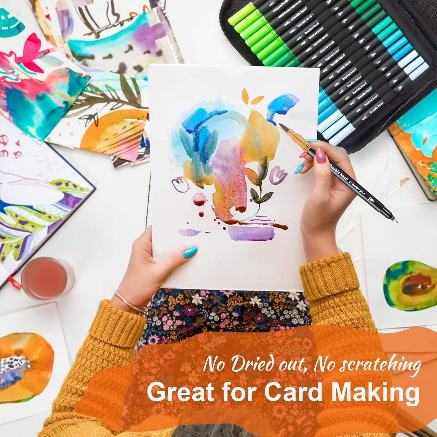 80 Colors Dual Brush Marker Pens for Kids Adult,Art Markers Set W/Fine&Brush Tips,Watercolour Pen with Case, Drawing Pens Water-Based Coloring Markers for Calligraphy,Sketching and Doodling