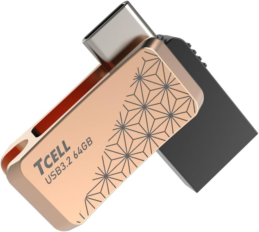 TCELL High Speed Dual Flash Drive with Zinc Alloy Design,Nezuko Asanoha Gold 64GB USB 3.2 Type-C OTG 2-In-1, Read Speed up to 200Mb/S, Compatible with Usb/Iphone/Ipad/Ipod/Mac/Ipad Air/Mini/Android