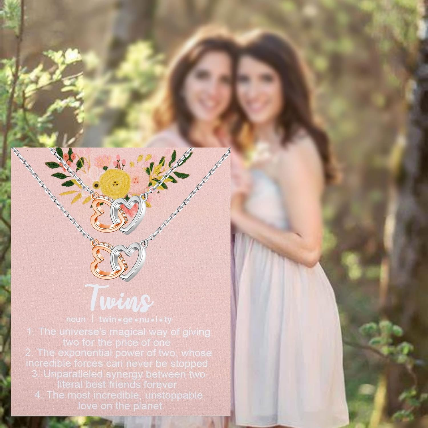 UJIMS Twin Sister Interlocking Hearts Necklace Twins Jewelry Twin Birthday Gifts for Twins Girl Message Necklace for Her image number 2