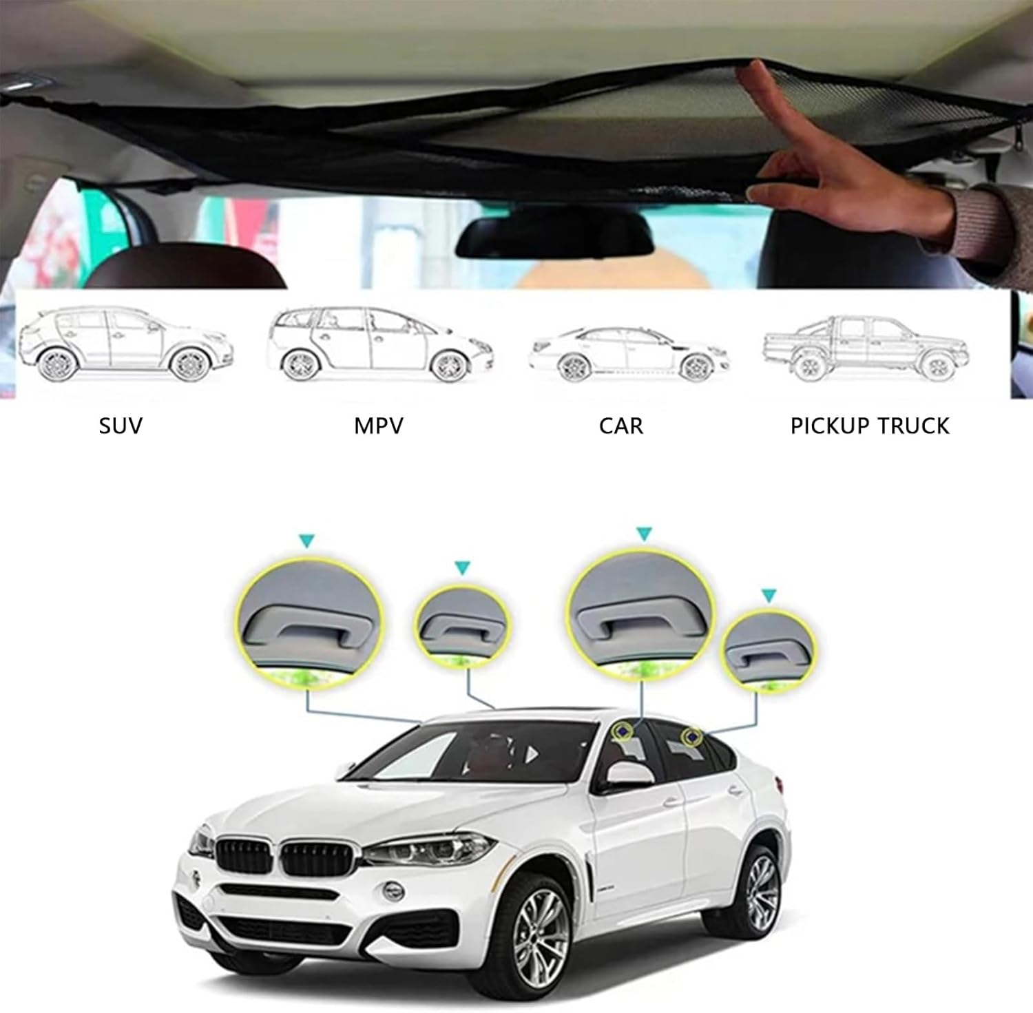 SUV Ceiling Cargo Net Pocket, Adjustable Double Large Car Ceiling Storage Net with 2 Seat Hooks, Mesh Car Roof Organizer Long Trip Storage Bag for SUV Long Trip Camping (Black) image number 5