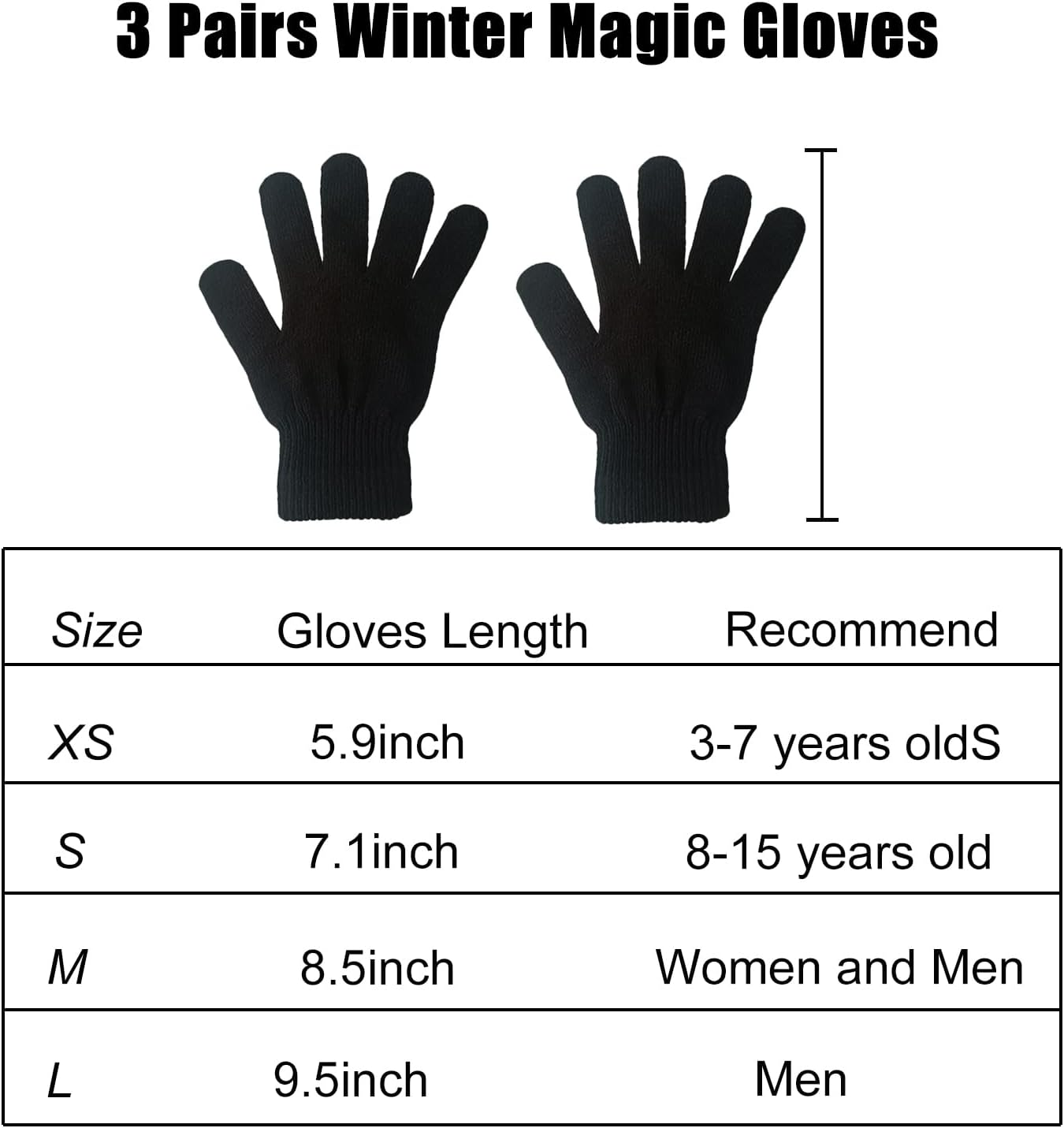 Vabx-Purple 3 Pairs Magic Gloves Black Warm Gloves Winter Knitted Gloves for Kids Teens Adults Women Cold Weather Gloves image number 4