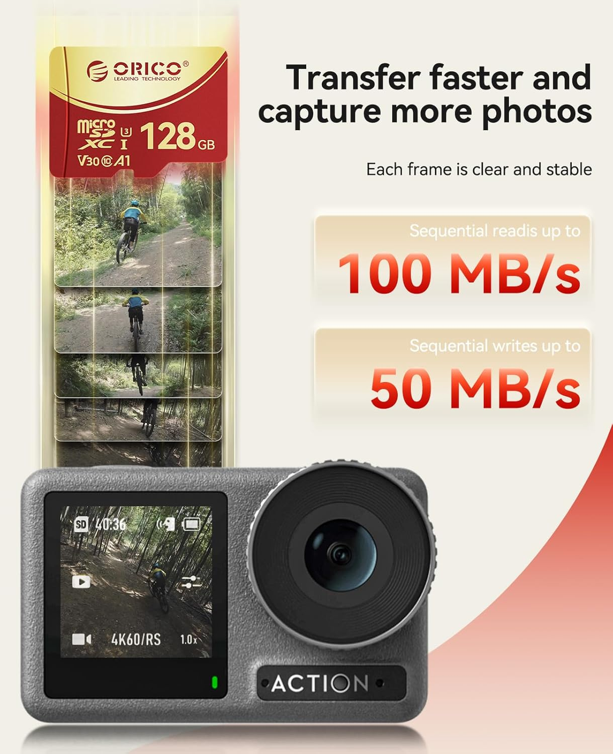 ORICO 128GB Microsdxc UHS-I Memory Card, 100Mb/S, 4K UHD Recoding, U3, Class10, V30, A1, Micro SD for Action Camera, Dash Cam, TF Card F3 image number 4