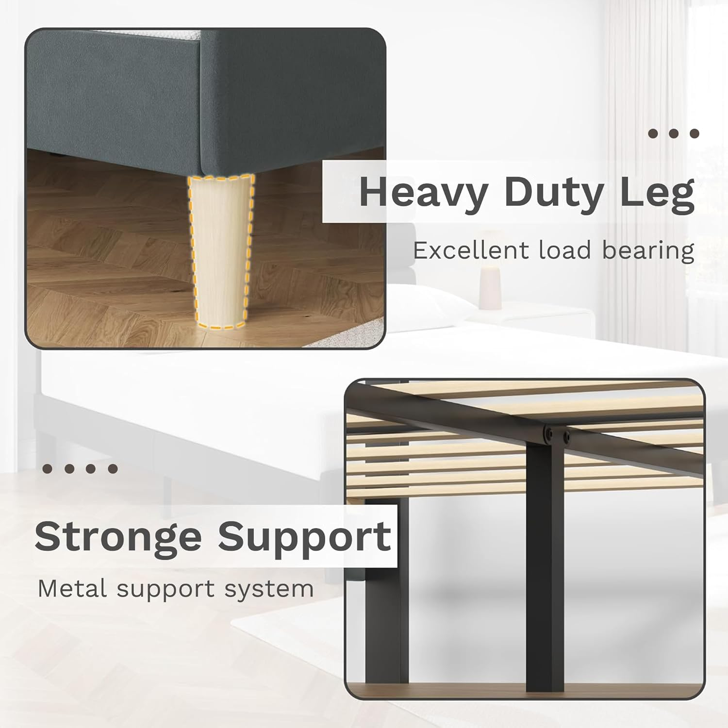 Velvet Upholstered Twin Bed Frame - No Box Spring Needed Platform Bed with Storage Space & Noise-Free Metal Support, Easy Assembly Modern Bedroom Furniture (Grey, Twin) image number 5