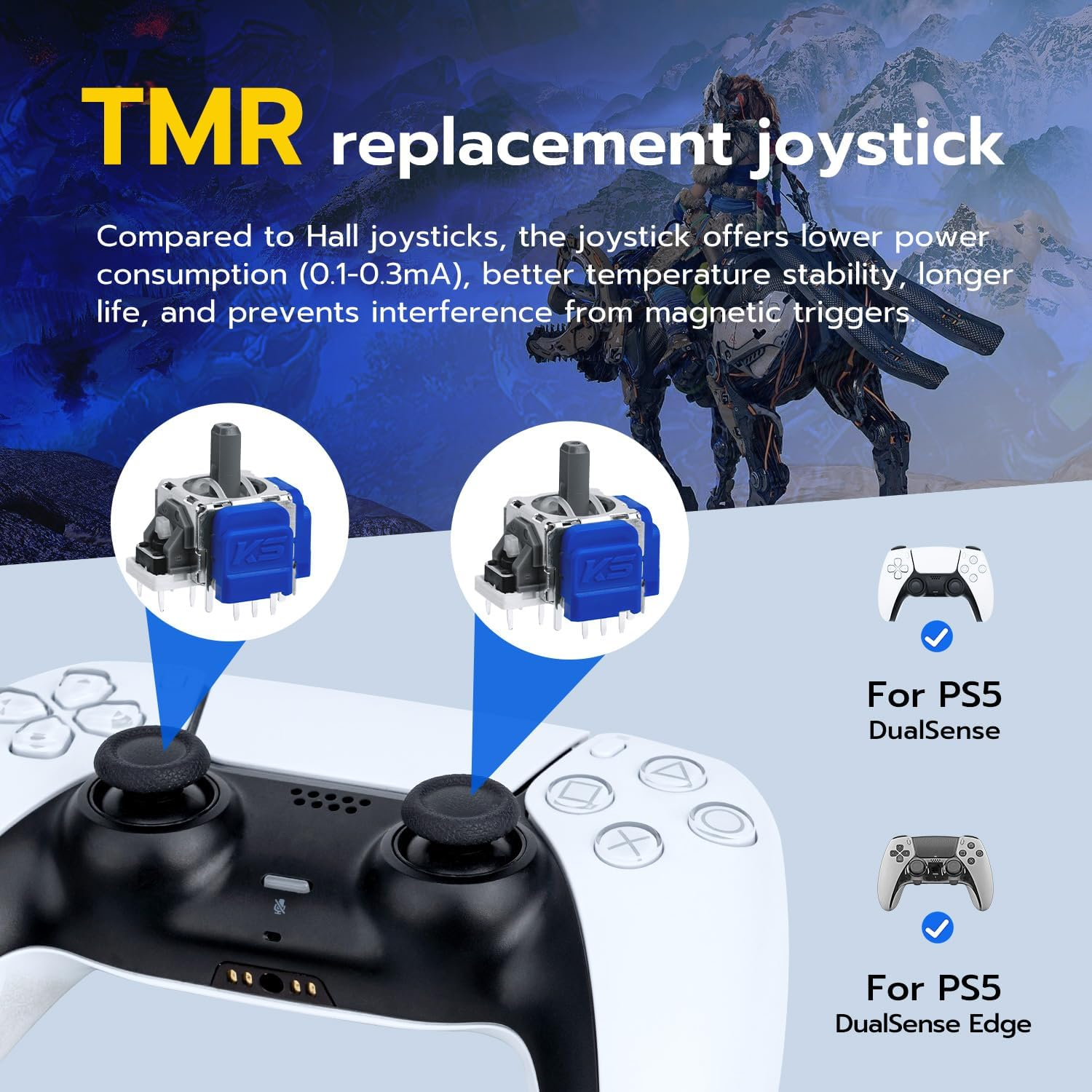 Mcbazel TMR Joysticks Replacement for PS5 Controller-Advanced Sensor Joystick Repair Kit with 3D Thumb Caps,Tools & Screws,For Dualsense/Edge Controller image number 1