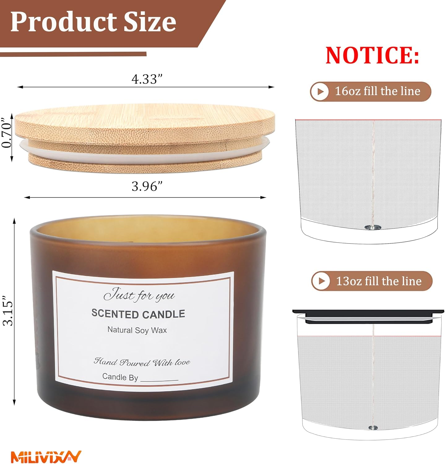 MILIVIXAY 6 X 16Oz Candle Jars with Bamboo Lids and Candle Making Kits - 3-Wick Candle Jar, Empty Frosted Amber Thick Jars for Making Large Candles - Spice image number 1