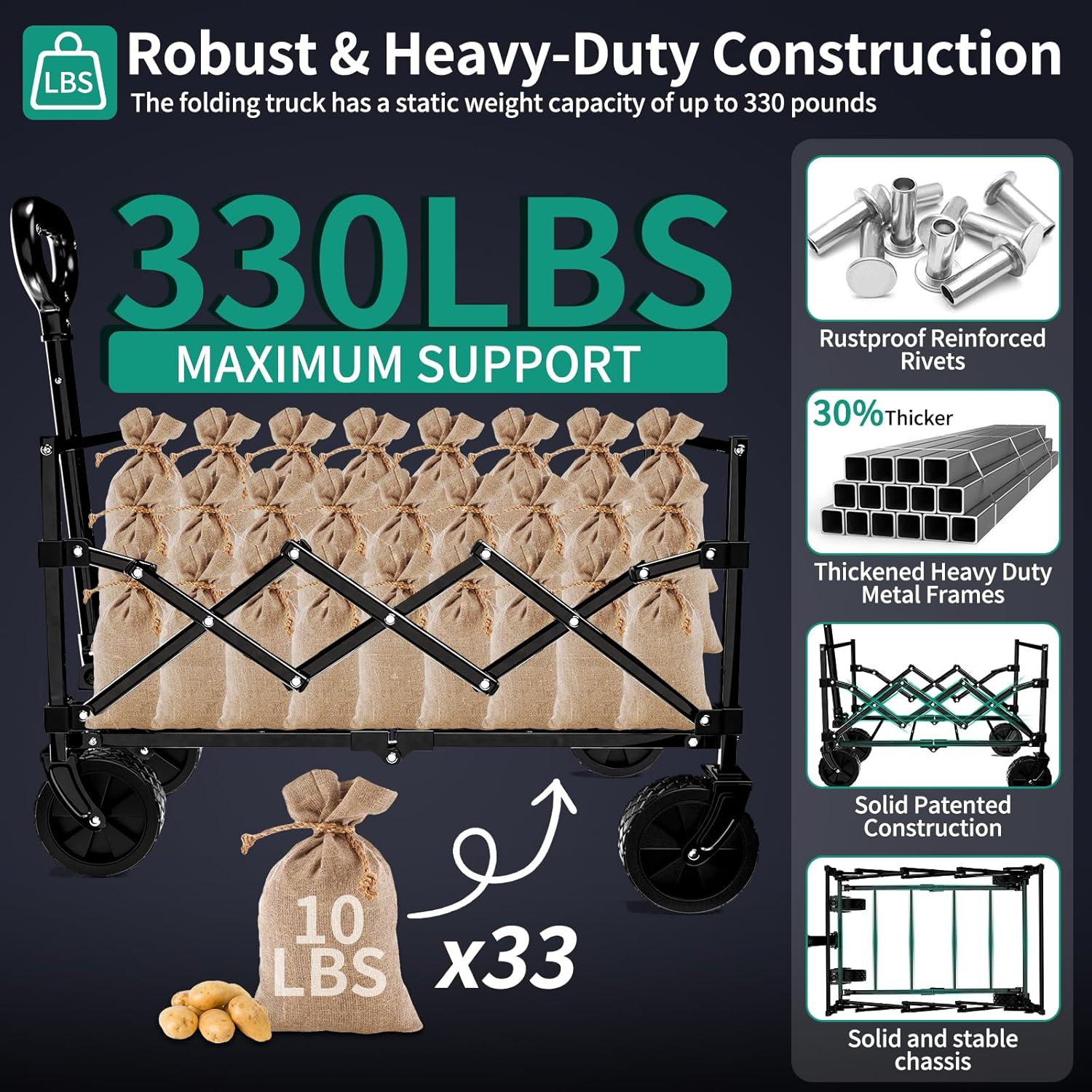 Sunnyfeel Heavy Duty Collapsible Outdoor Utility Wagon Cart 300LB Capacity Adjustable Handlebar,Foldable Beach Wheels Stable Durable Oxford Fabric for Shopping Garden Camping (Black 28*18*36 Inch) image number 5