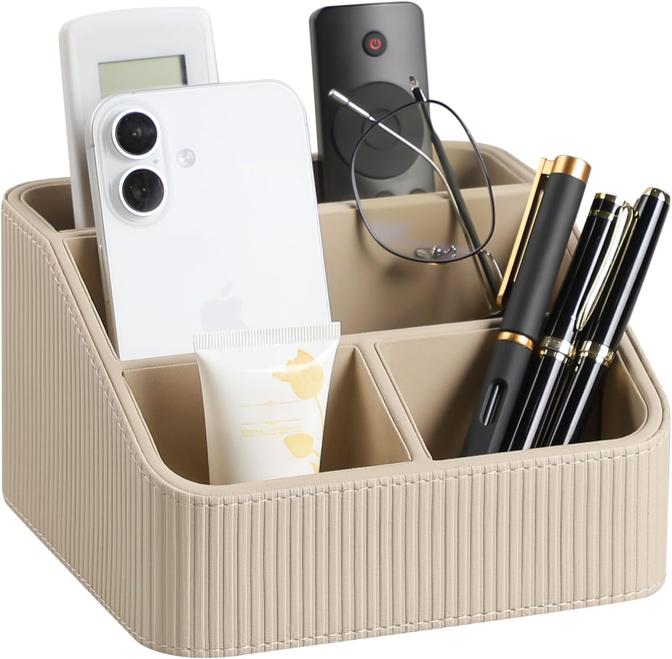 Cretkhp Remote Control Holder with 4 Compartments, PU Leather Small Nightstand Organizer for Home Desk Accessories Office Supplies, Multifunctional Stylish Small Bedside Desktop Organizers (White)