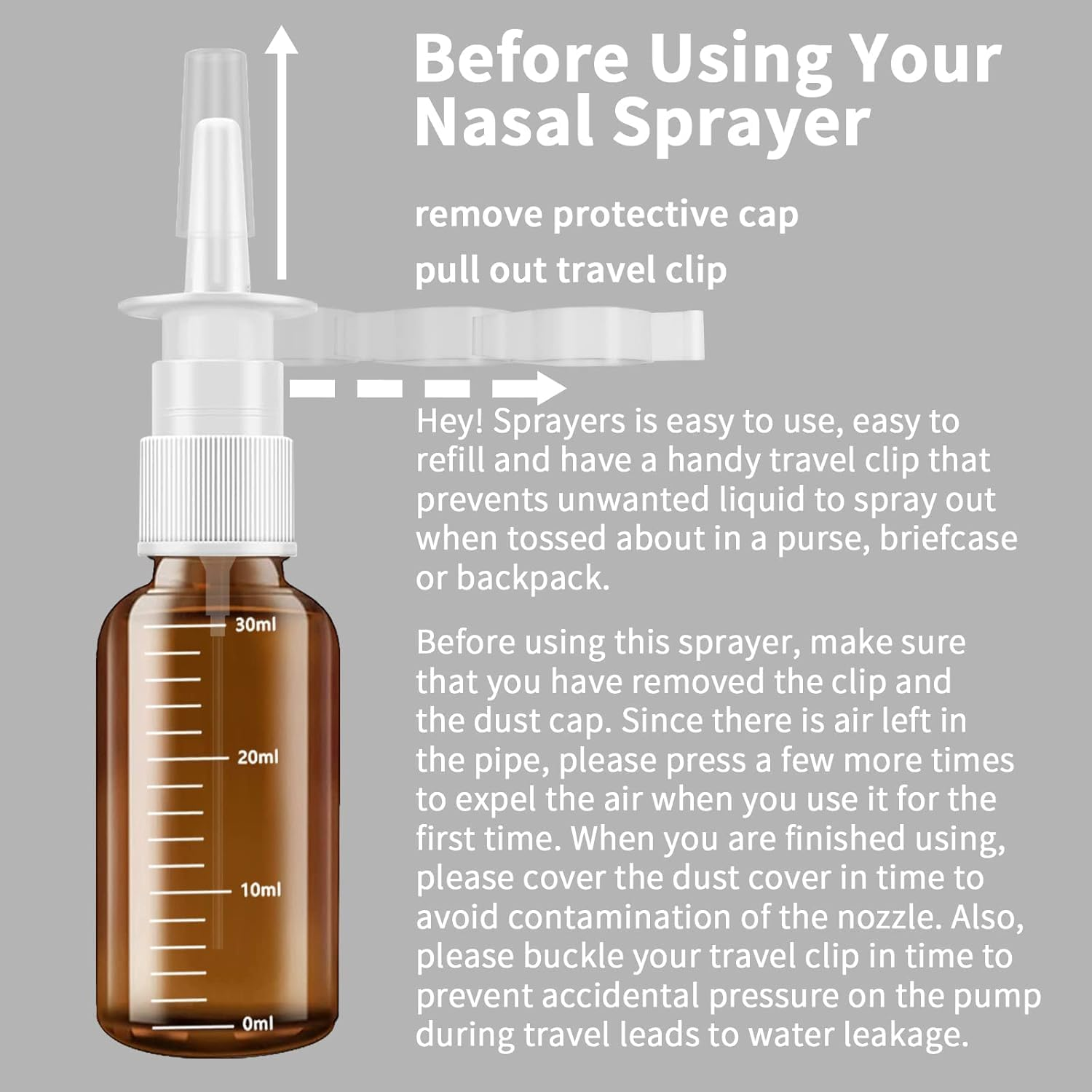 Damaill Nasal Spray Bottle, 5 Pcs 30Ml/1Oz Empty Amber Glass Bottle with Scale, Fine Mister Refillable Spray Bottles with Funnels Travel Lock Clips and Labels