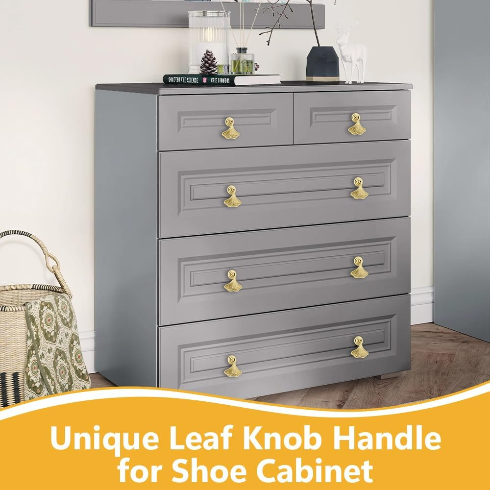 10 Pcs Ginkgo Leaf Drawer Knobs, Zinc Alloy Gold Kitchen Cabinet Pull for Dresser Cupboard Furniture Hardware Handle image number 5