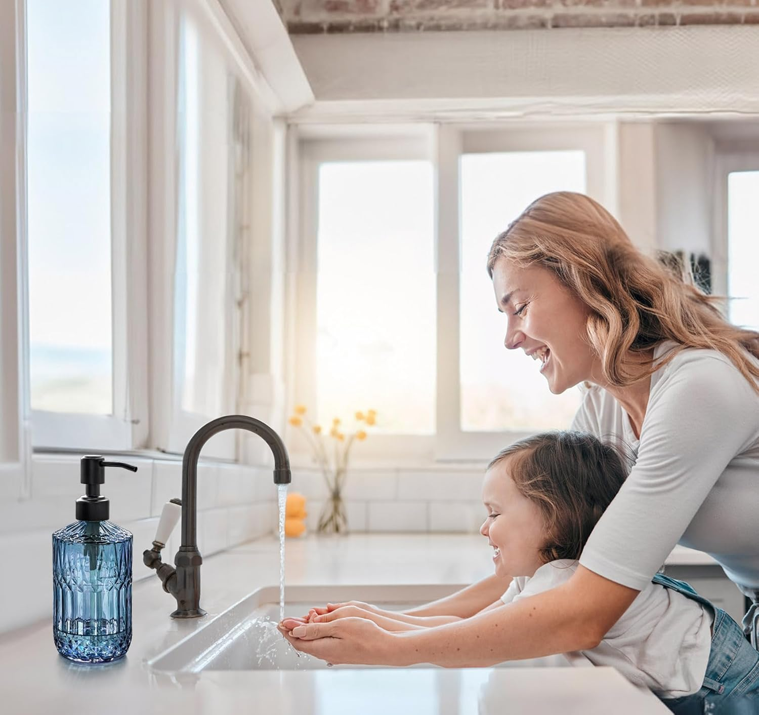 JASAI 18Oz Blue Soap Dispenser with Black Rust Proof Pump, Refillable Bathroom Soap Dispenser with Thick Glass, Kitchen Soap Dispenser for Hand Soap & Dish Soap.(Blue) - Blue-Golden Pump image number 4