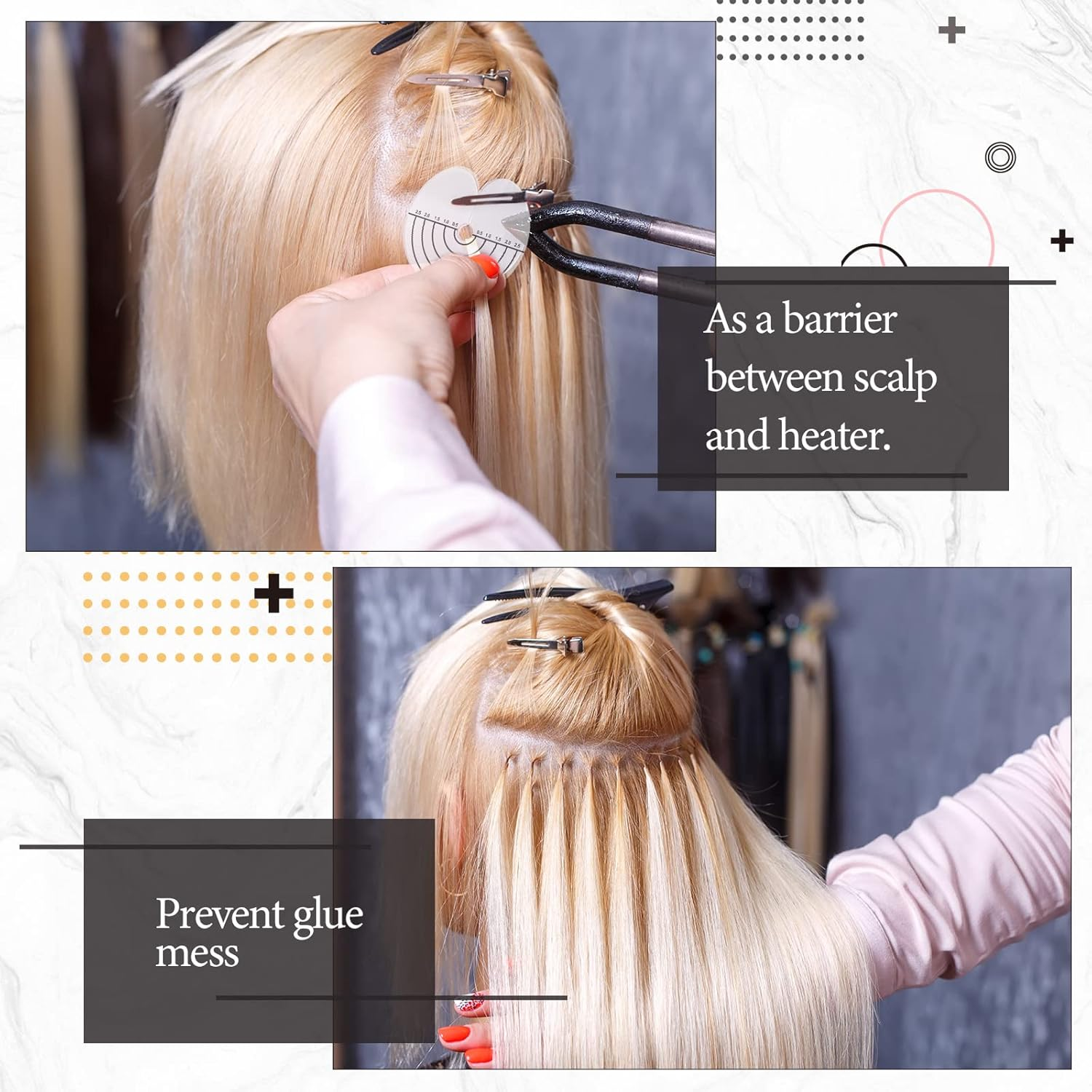 Romooa 150 Pcs Heat Shield Guards for Hair Extensions with 30 Pcs Hair Clips, round Circular and Single Hole Shield Spacers, and 12 Pcs PVC Fusion Glue Finger Protector,1 Piece Rat Tail Comb for Salon image number 1