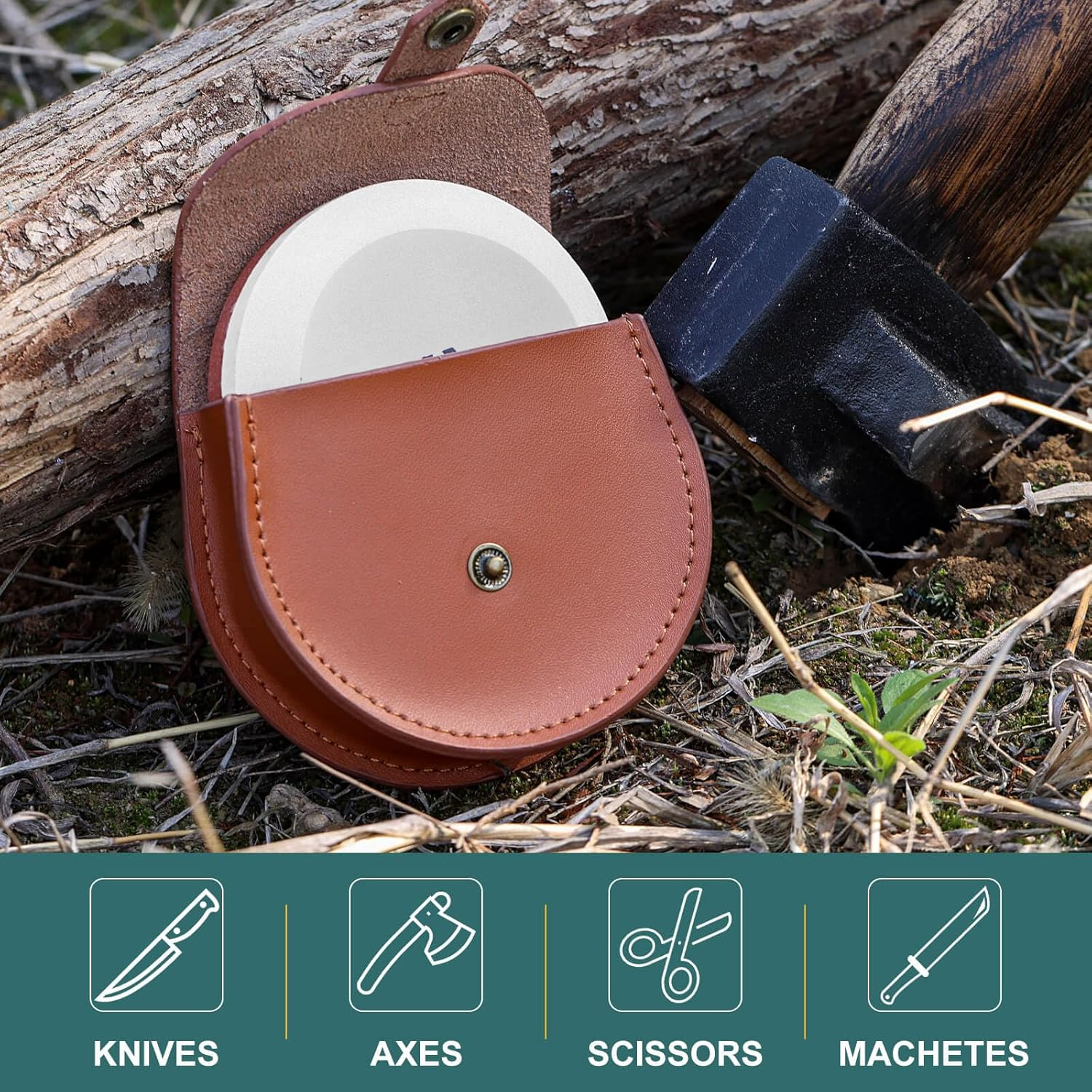 Angerstone Axe Sharpener - Multipurpose Axe/Hatchet Sharpening Stone - Whetstone Blade & Tool Sharpener, Dual Grit 180/320 Sharpening Puck with Leather Sheath