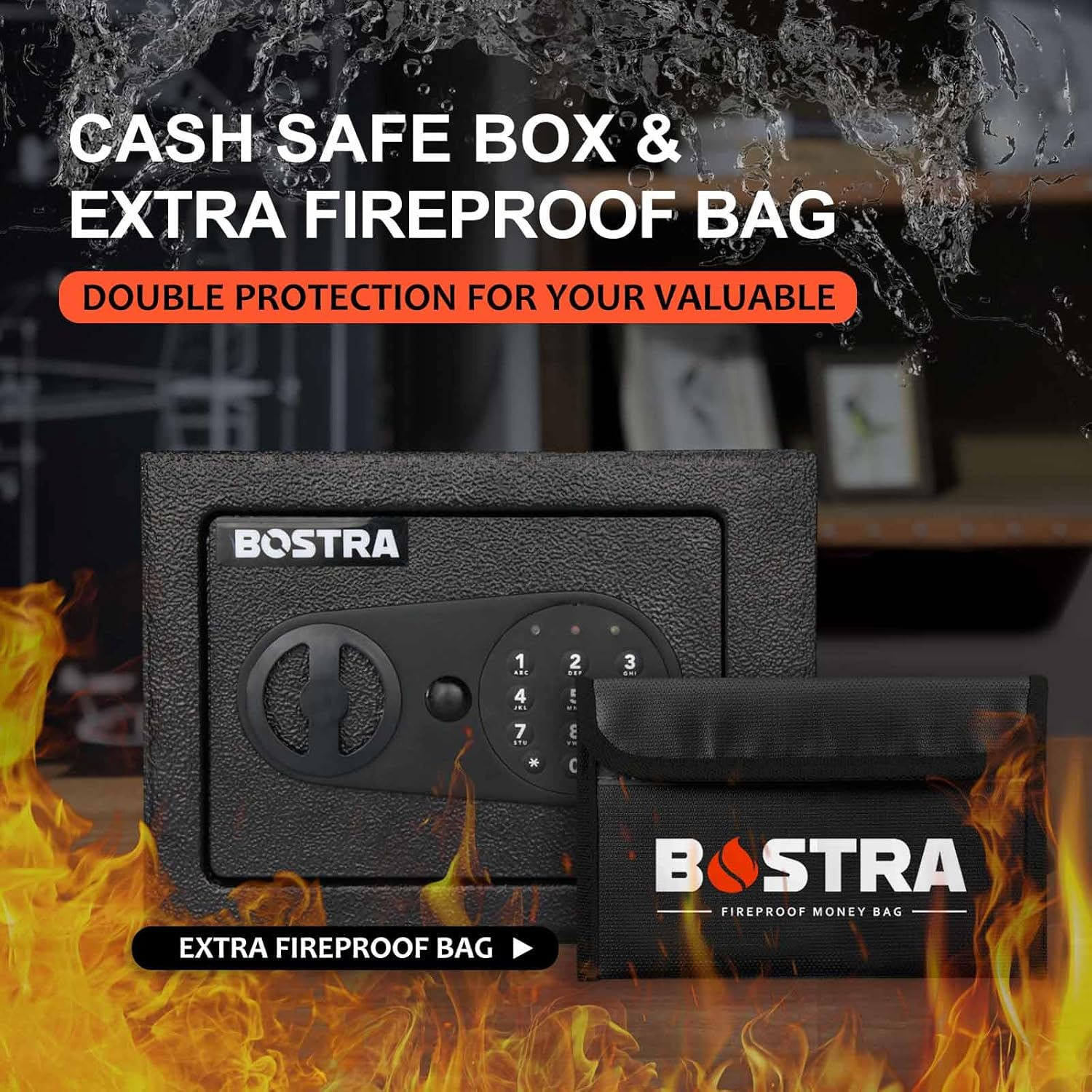 Bostra Fireproof Safe Box with Sensor Light & Fireproof Bag, Money Safe Box with Digital Keypad,Security Safe Box for Home, 0.23 Cubic Small Safe with Keys & Pass Code for Cash Jewelry Black image number 5