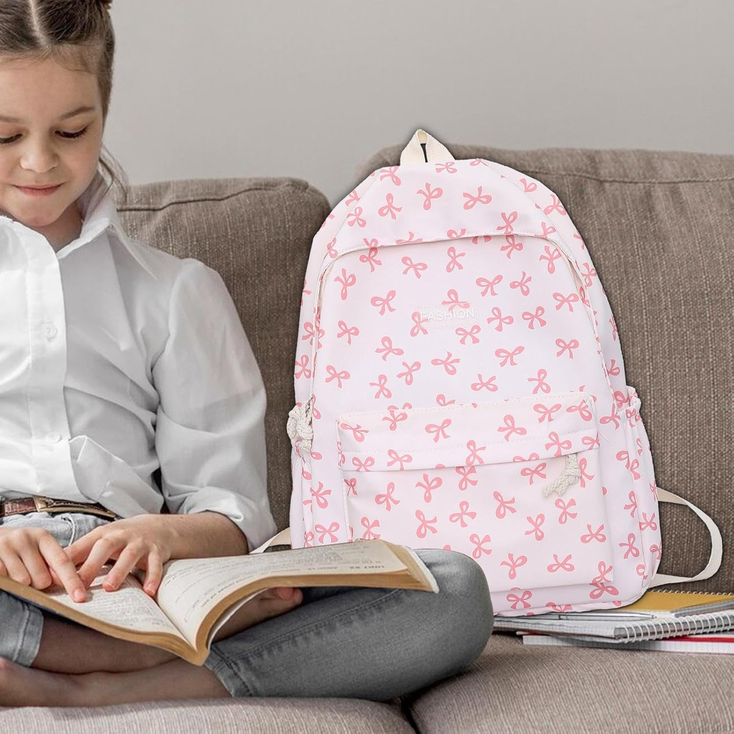 Bow Backpack - Teen Girls Bow Backpack, Casual Bow Daypack, Polyester Student Bow School Bag, Multi Purpose Middle School Student Travel Shoulder Bag for Notebook, Water Bottle, 32 X 15 X 4 Cm - Blue image number 7