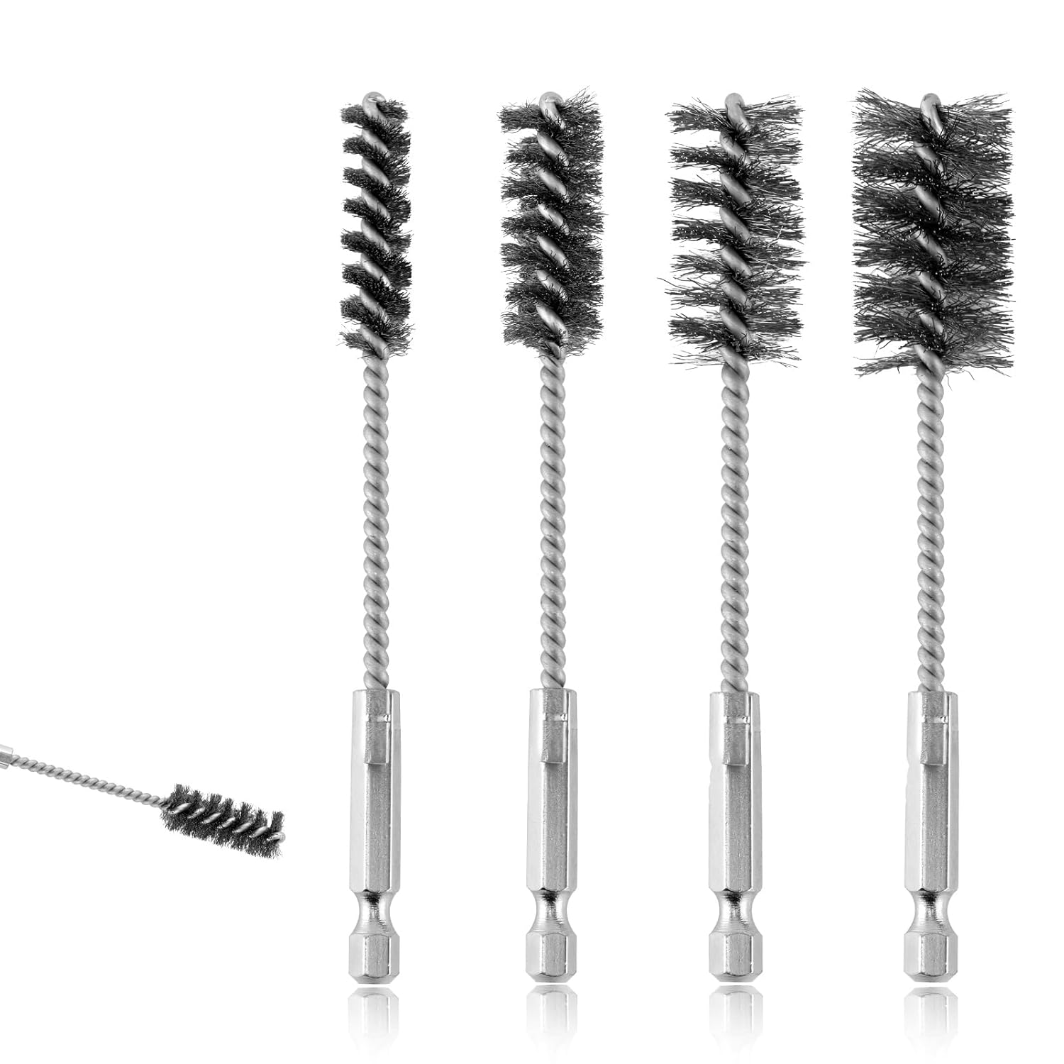 4Pcs Wire Brush, Stainless Steel Twisted Bore Brush with 1/4" Hex Shank for Power Drill Impact Driver & Tube Cleaning, 3/8'' 1/2'' 3/4'' 7/8'' Diameter image number 1
