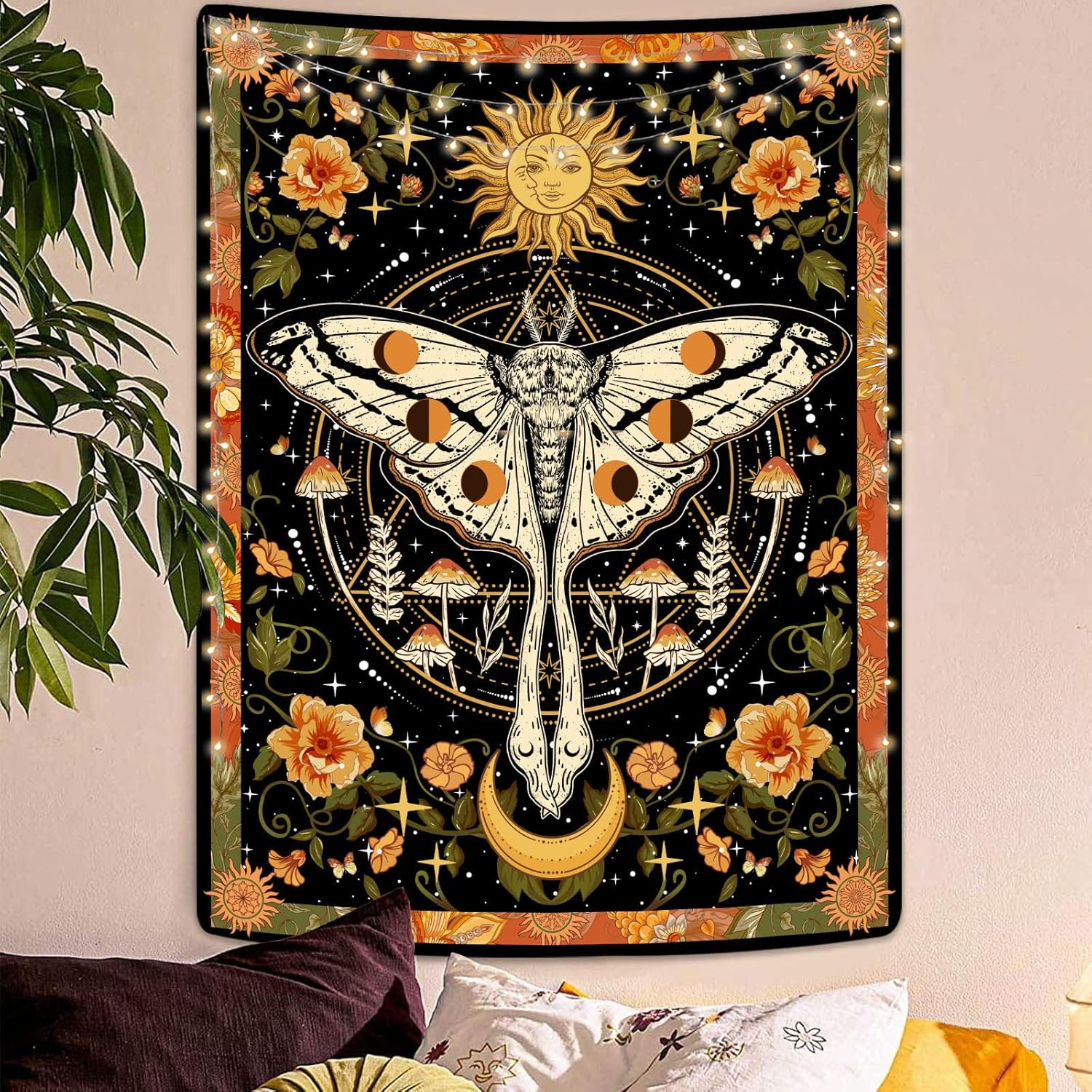 Aipon Orange Moth Tapestry Boho Retro Floral Flowers Tapestries Aesthetic Vintage Mushroom Tapestry Bedroom Indie Vertical Tapestry Wall Hanging for Living Room Dorm (44.00'' &times; 60.00'', Orange)