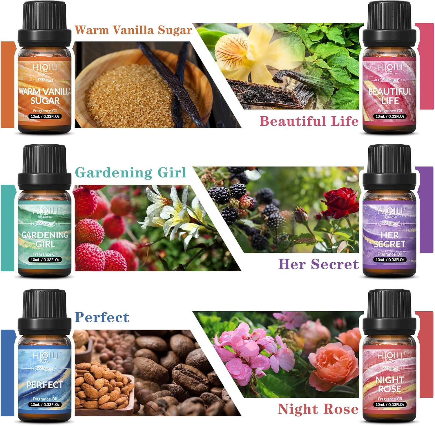 HIQILI Women Fragrance Oil 6X10Ml, Essential Oils for Candle Scents Soap Making & Diffuser, Sweet Flowers Scented Oil Set for Aromatherapy Slime Wax Home Car image number 1