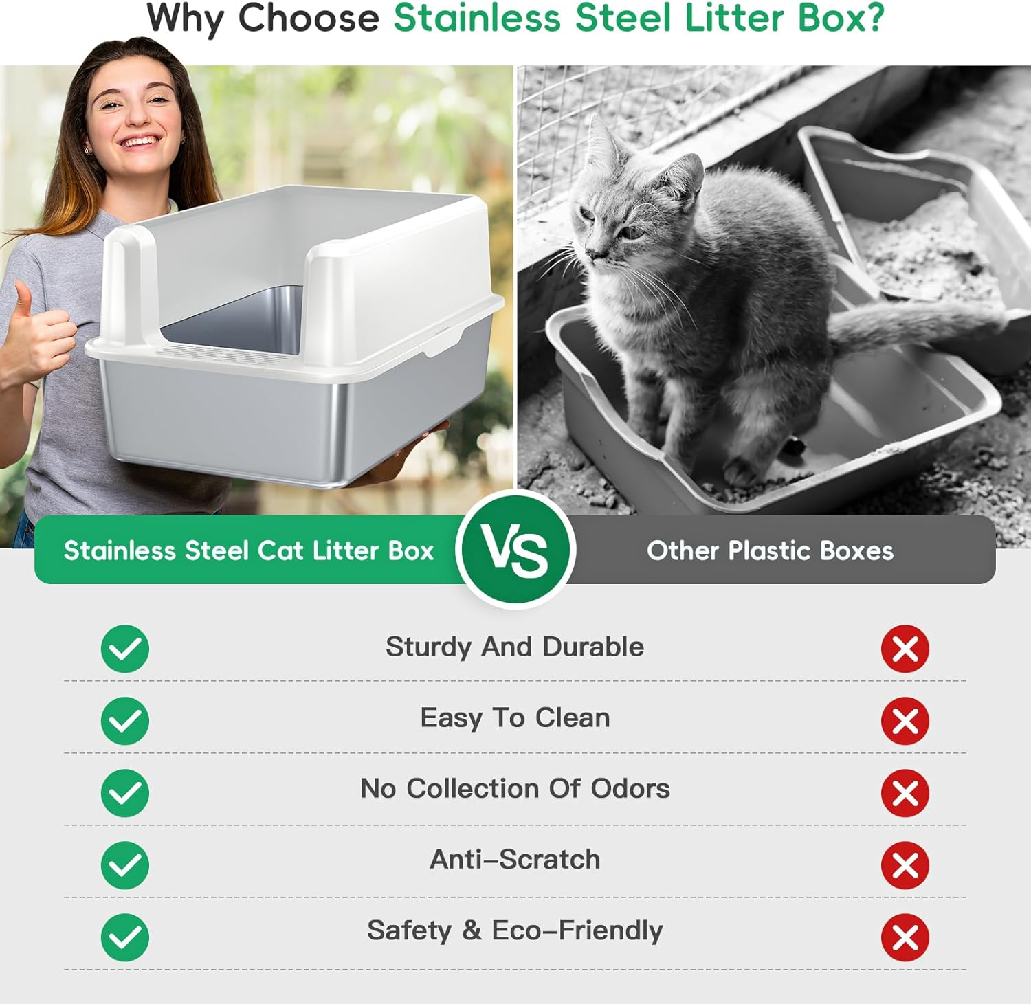 Stainless Steel Litter Box,Xl High Side Semi-Enclosed Cat Litter Box for Large Cats,Metal Cat Litter Pan with Scoop,Non Stain,Rusty and Sticky Metal Kitty Litter Box for Multiple Cats(White) image number 5