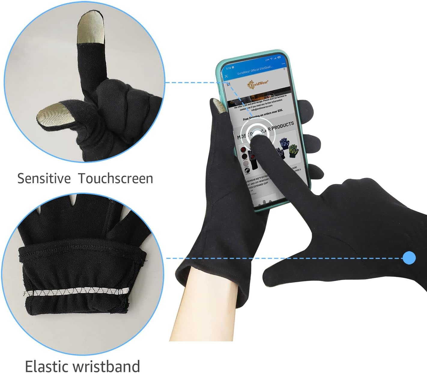 Evridwear 100% Cotton Touchscreen Moisturizing Beauty Gloves with Elastic Cuff, Natural Cosmetic Therapy Gloves for Eczema SPA Dry Hands Care Overnight (Black, Small) 2 Pairs image number 1