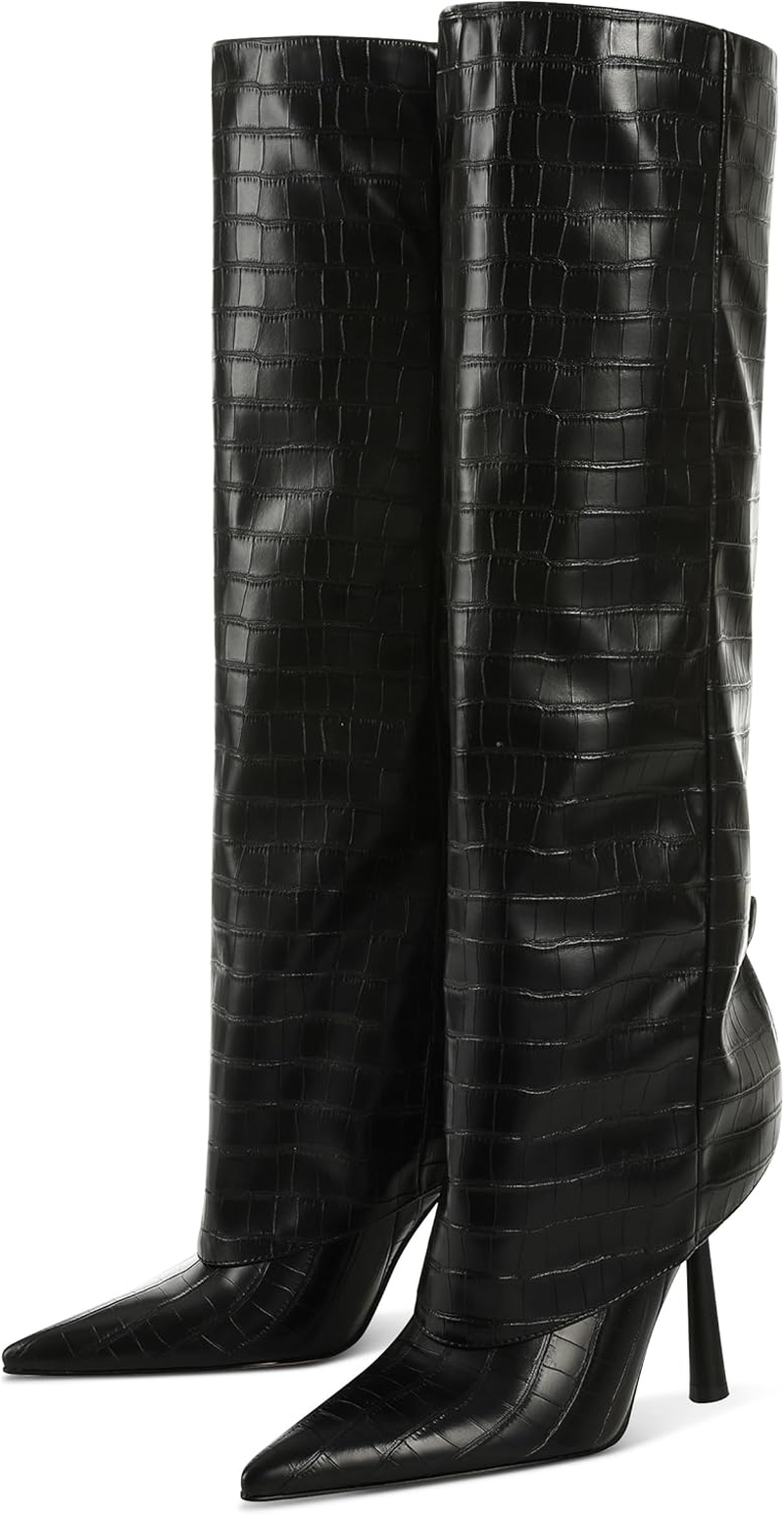 Oiamenne Knee High Boots Women'S Fold over Boots Pointed Toe Stiletto Heel Tall Boots Slip on Sexy Long Boots Fashion Dress Boots for Women